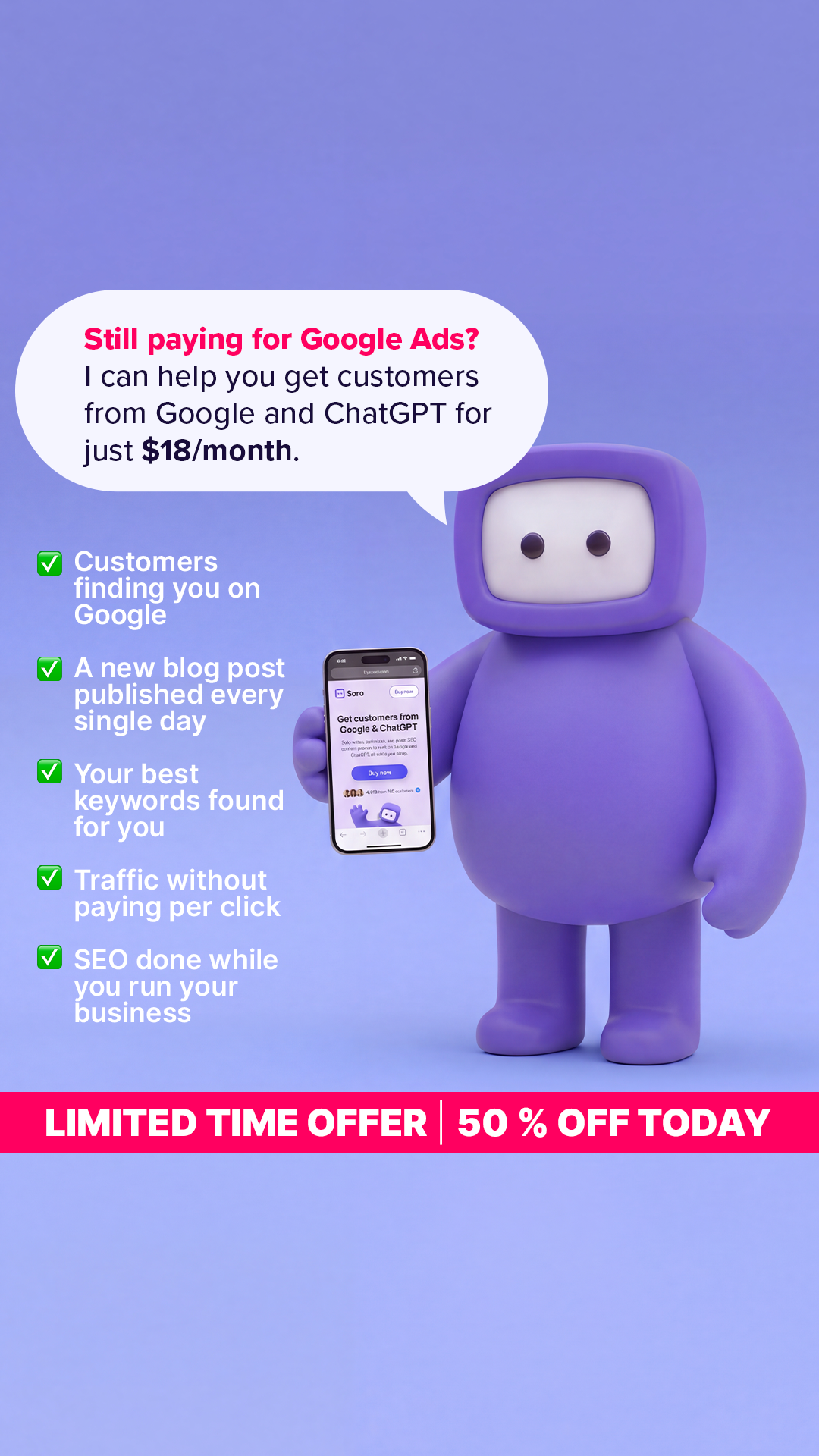 Soro SEO Facebook ad: Rank #1 on Google