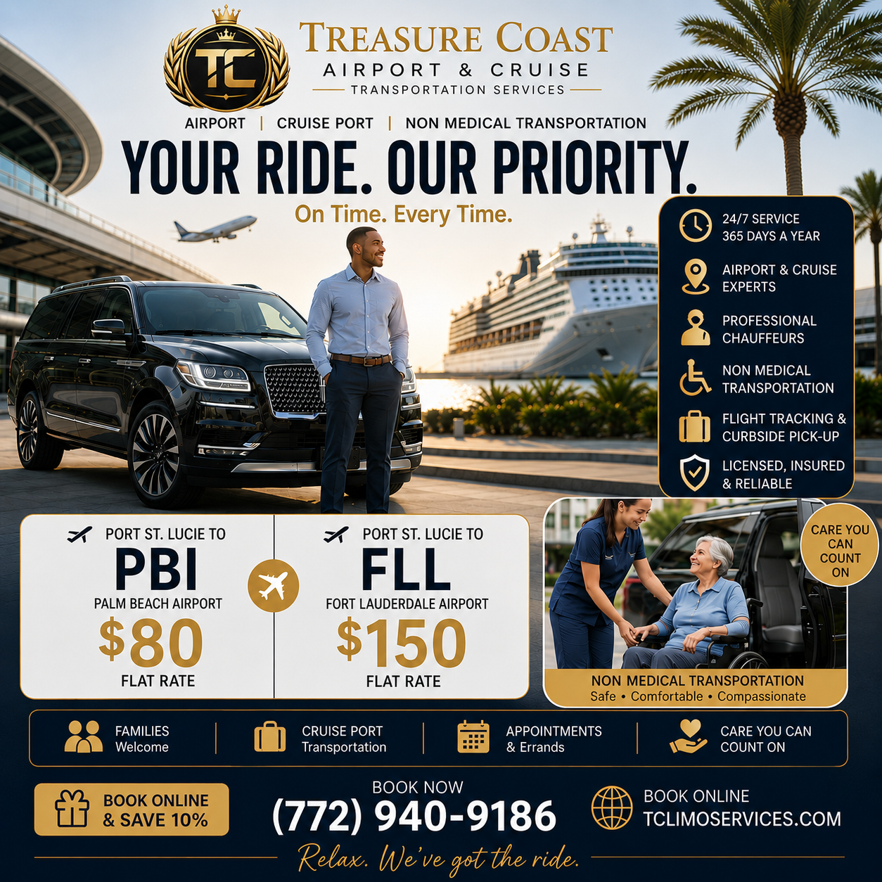 Tclimoservices Airport & Cruise Transportation Facebook ad: No Surge Pricing, Rides From $1.50/Mile