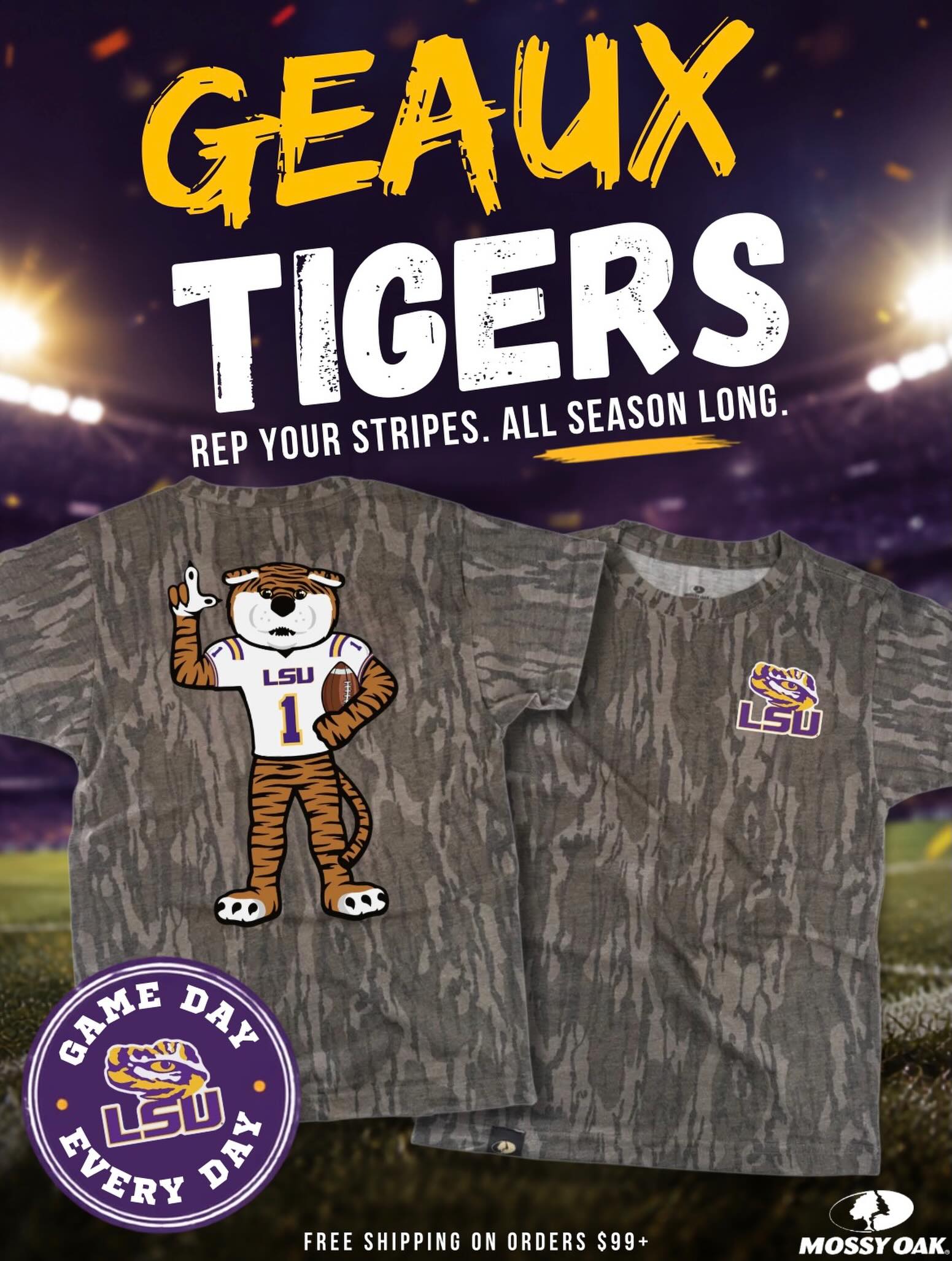 VF Clothing Co. Facebook ad: LSU Football Bottomland Camo Shirt - Official Mossy Oak |…