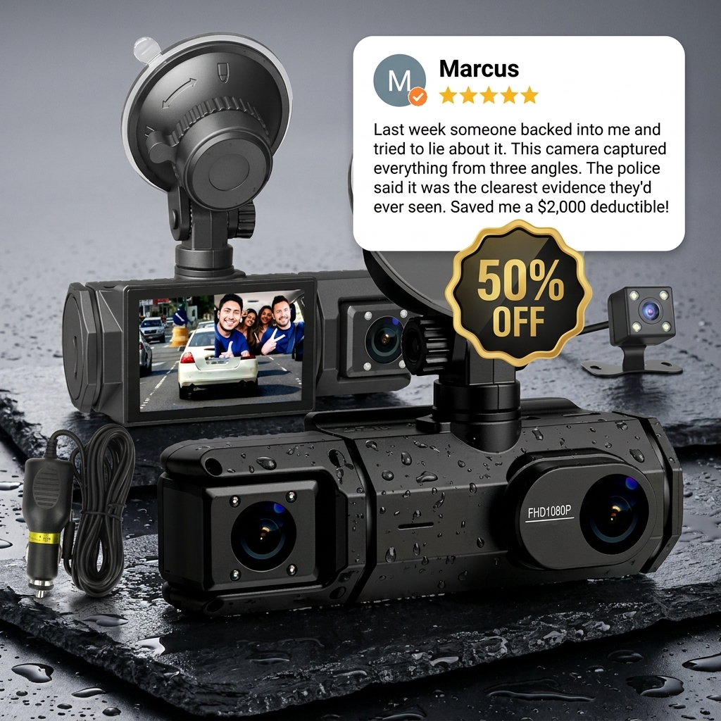 Kikishop Facebook ad: Triple-Lens Dash Camera