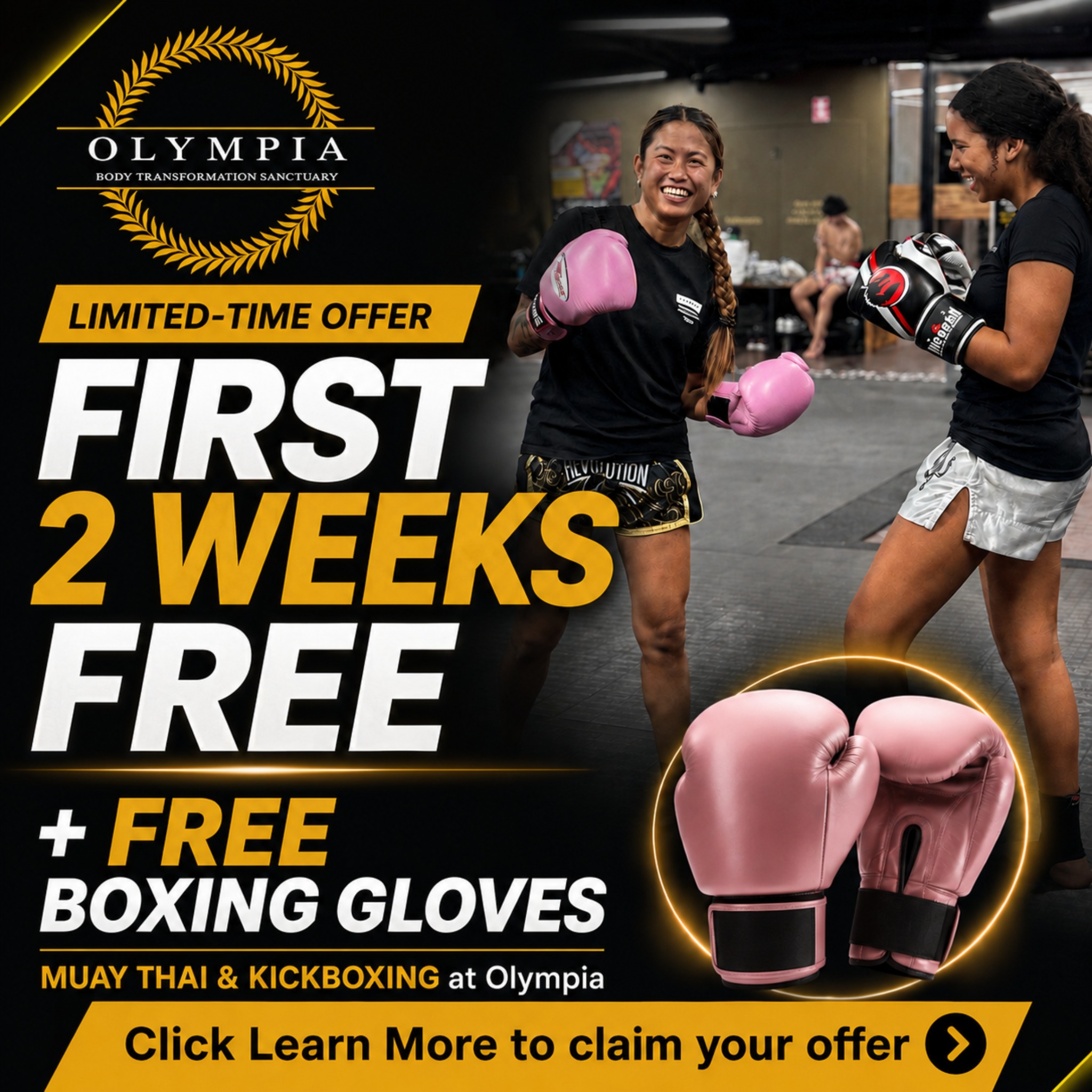 Olympia Transformations - Brisbane CBD Facebook ad: Train Free For 7 Days - Muay Thai Brisbane CBD.