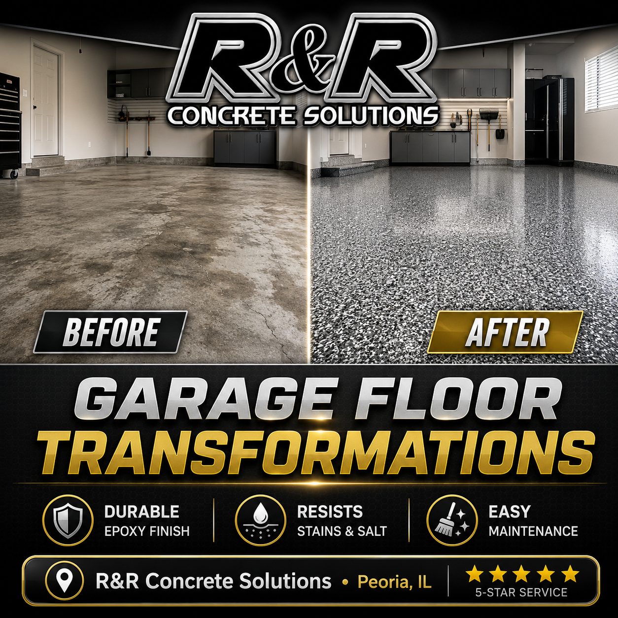 R & R Concrete Solutions Facebook ad: Peoria Homeowners: Upgrade Your Garage