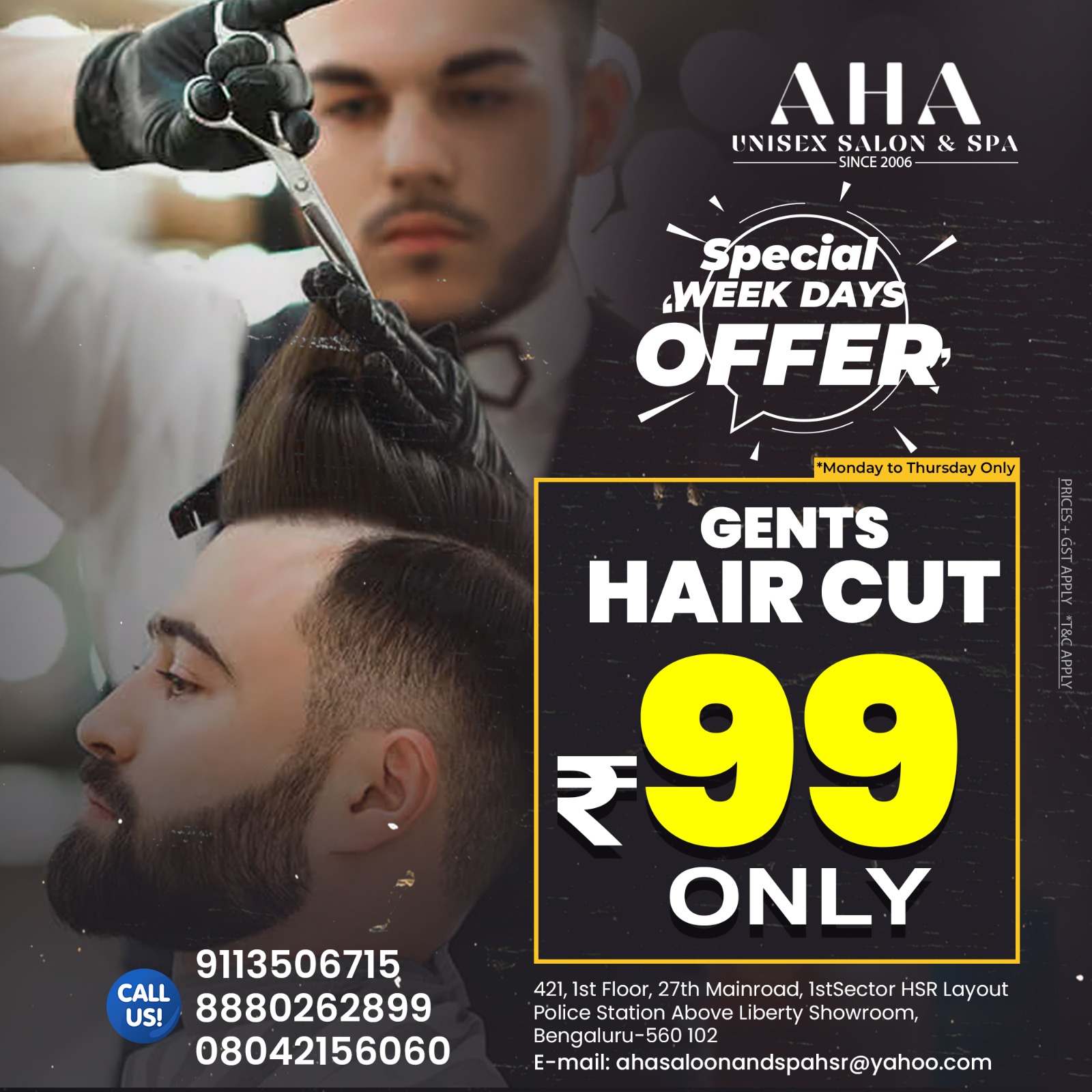 Aha Unisex Salon & Spa Facebook ad: Weekdays Offers Men's Hair Restyle @ 99/-