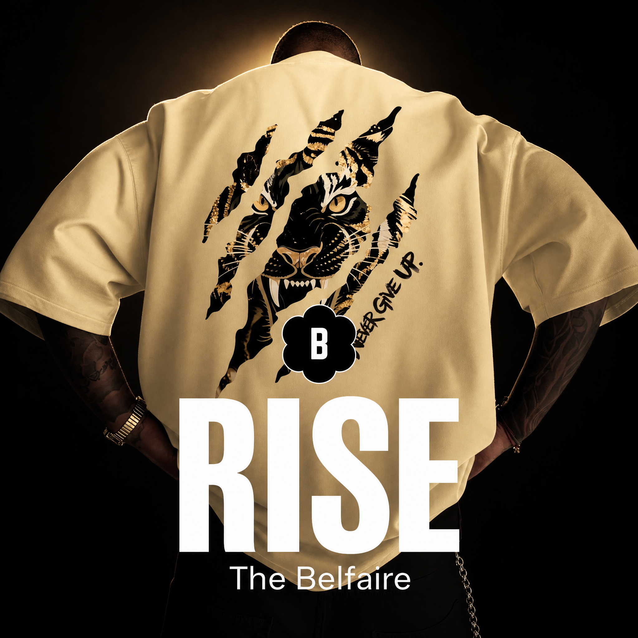 The Belfaire Facebook ad: Never Give Up Oversized Tee