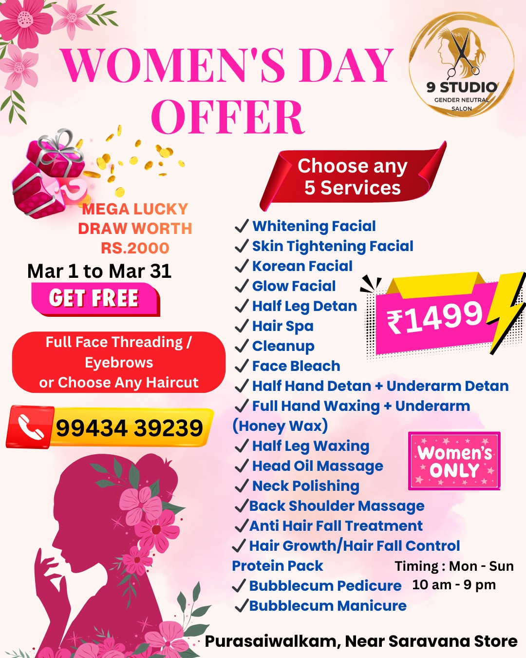 9 Studio Unisex Saloon Facebook ad: Women’s Day Beauty Offer, Starting ₹599