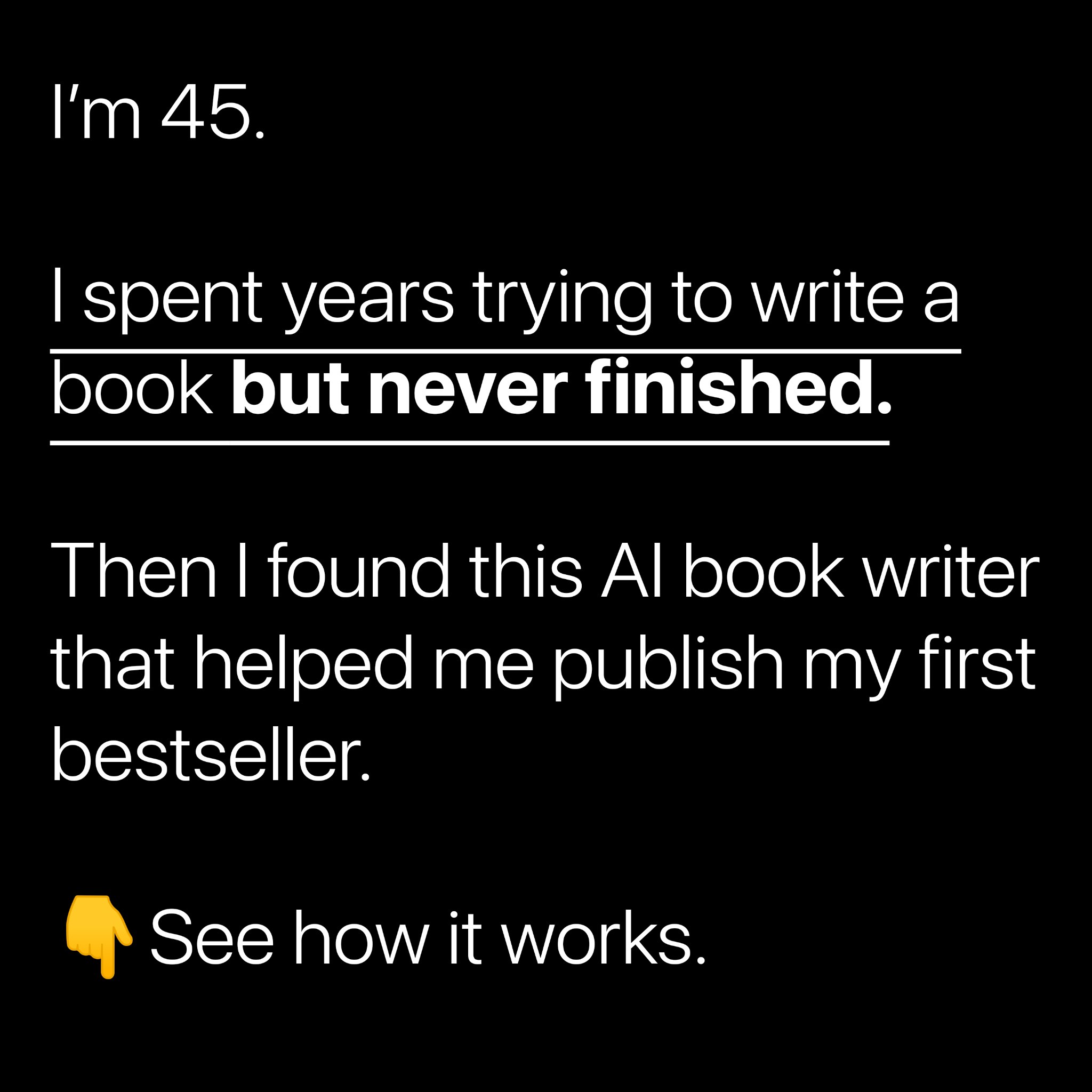 Scribist IQ AI Book Generation Facebook ad: Type one sentence. Get a finished book.
