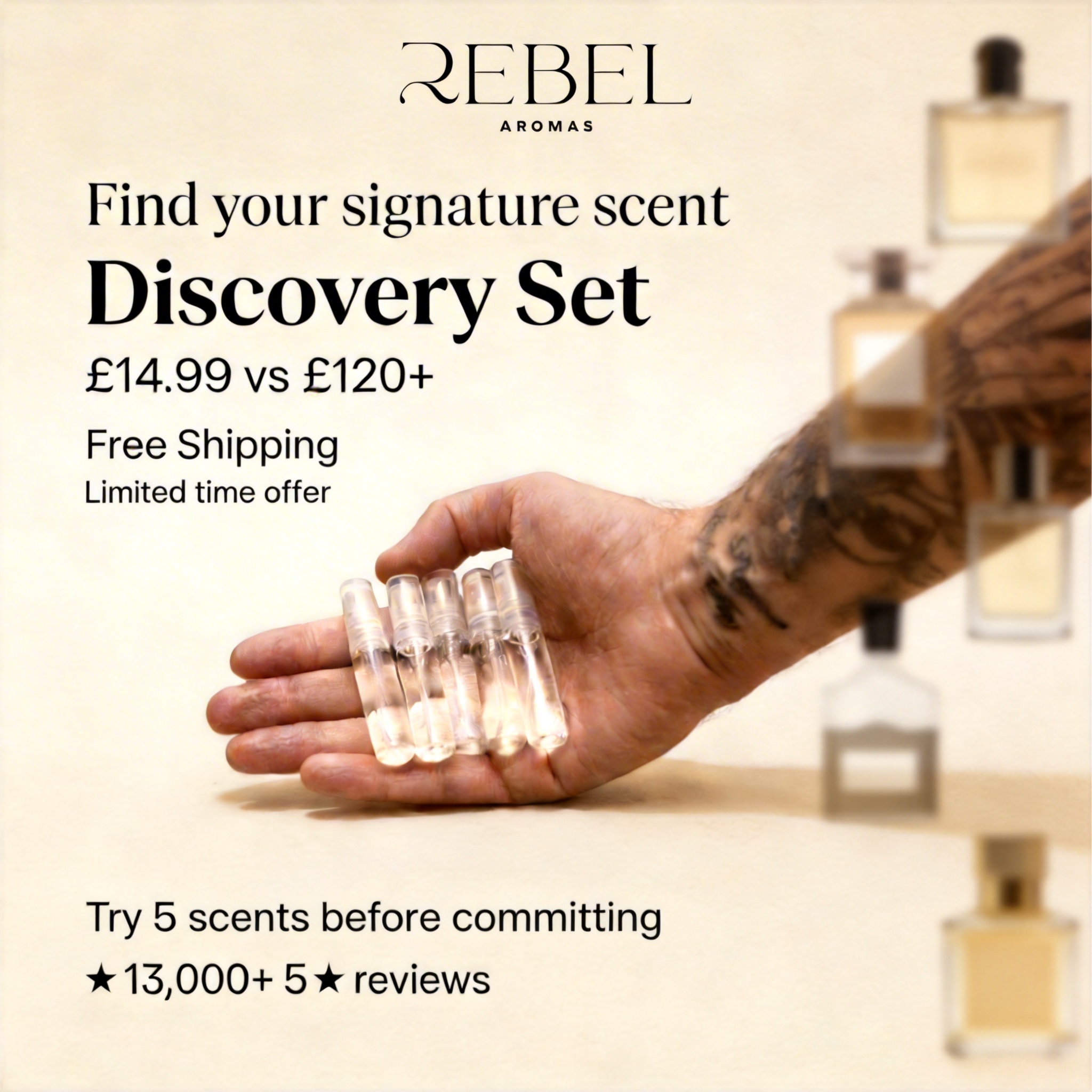 Rebel Aromas Facebook ad: 5 Scents for £14.99. Free Shipping.