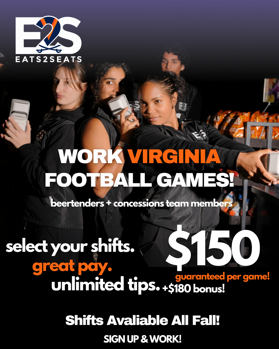 Eats2Seats Facebook ad: Get paid to work University of Virginia Football Games!