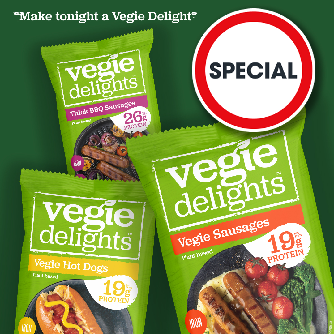 Vegie Delights Facebook ad: Our range of sausages are on special this…