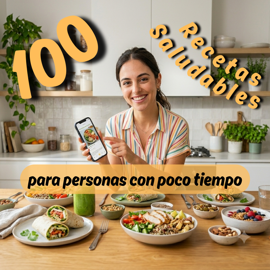 Healthy meals hub Facebook ad: 100 recetas saludables para personas con poco tiempo