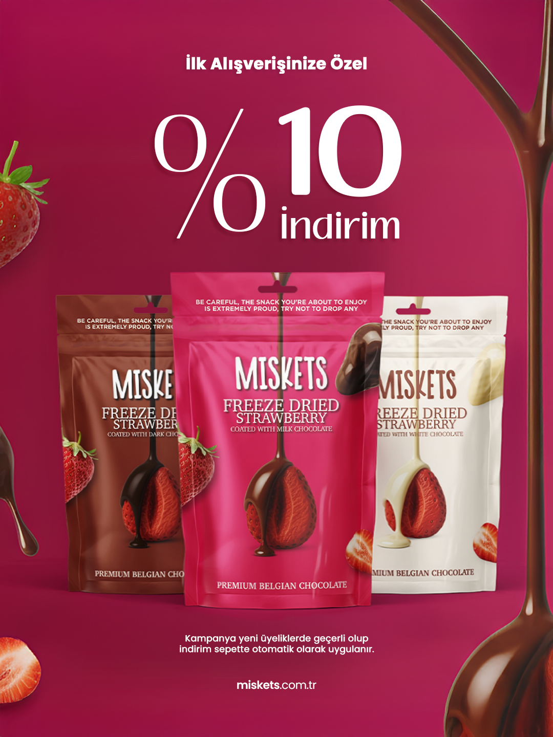 Miskets Facebook ad: Sütlü Çikolata Kaplamalı Çilek 80 gr x 3 Adet