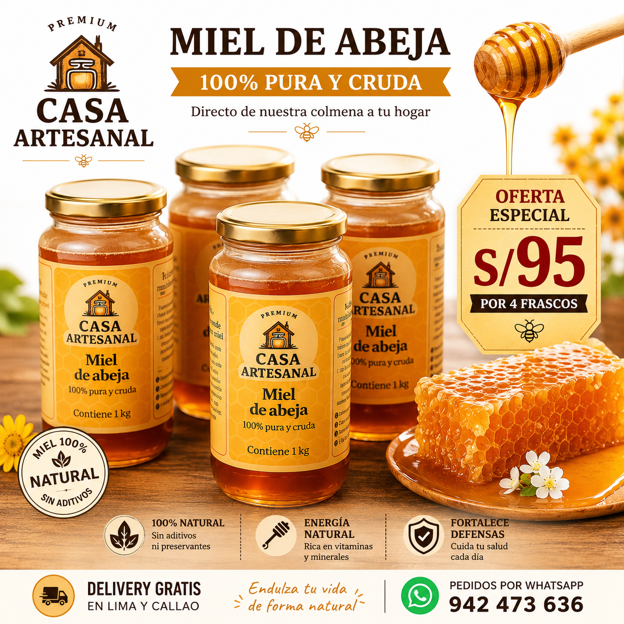 Casa Artesanal Facebook ad: 4 frascos x S/95, Delivery Gratis