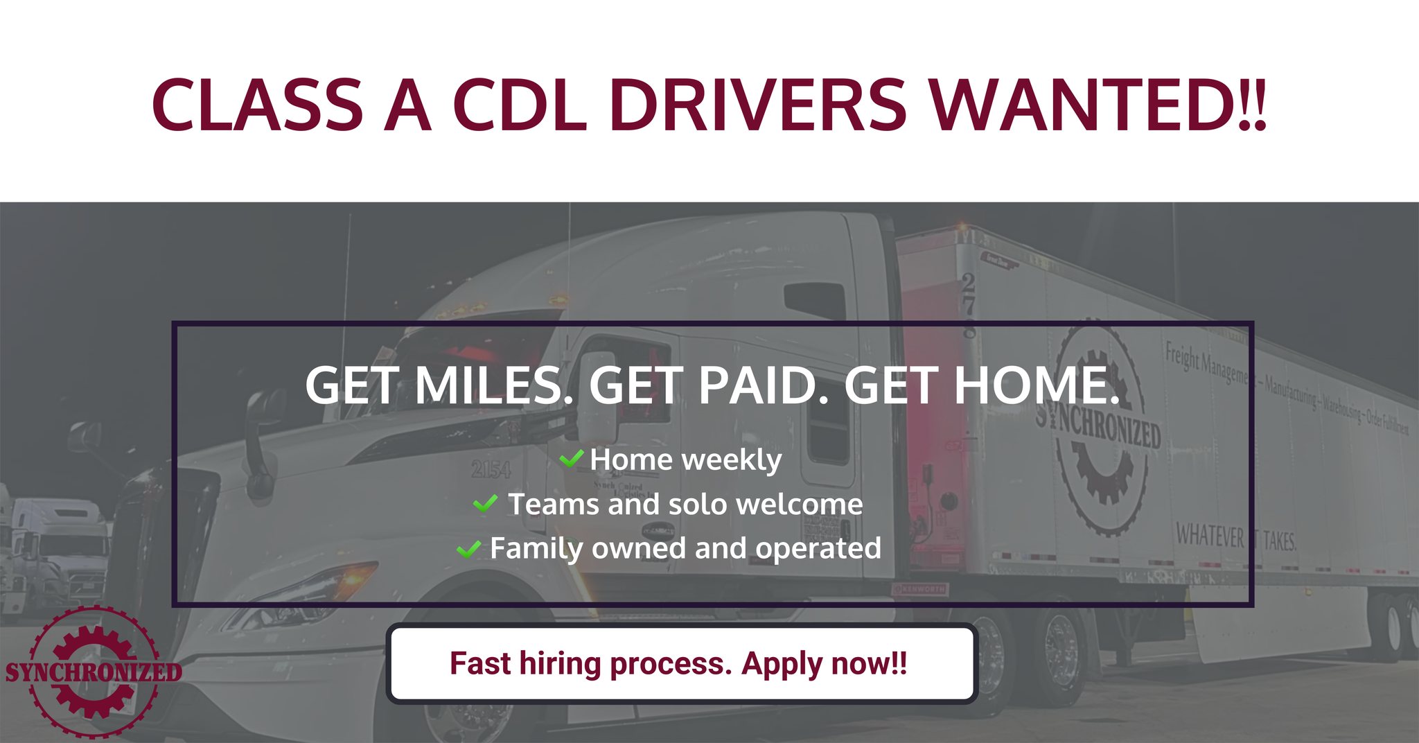 Synchronized Services Facebook ad: We’re hiring Class A CDL drivers NOW!