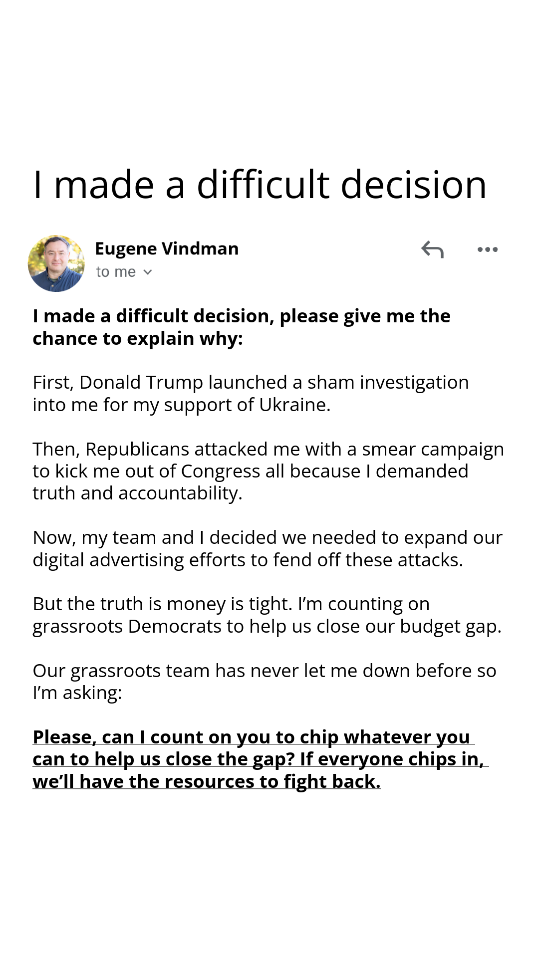 Eugene Vindman for Congress Facebook ad: Can Eugene count on you? Chip in now!