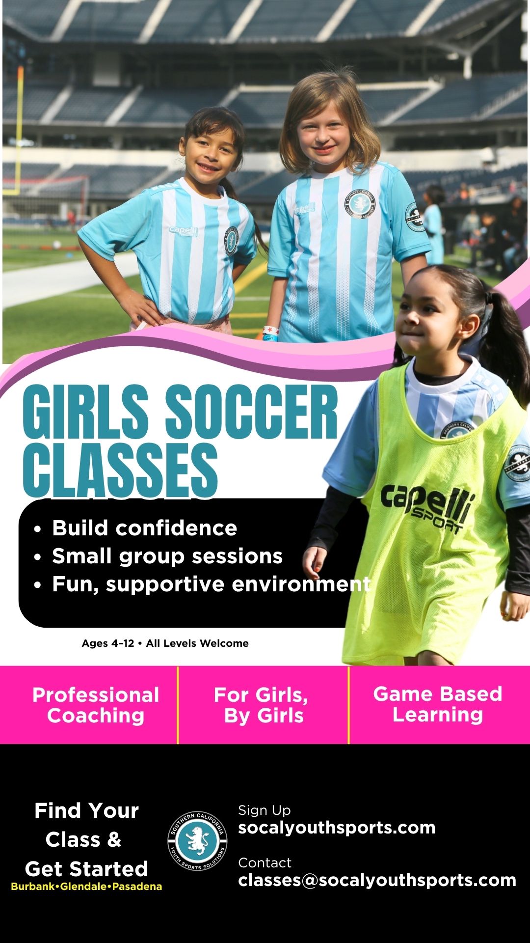 Southern Calfornia Youth Sports Solutions Facebook ad: Looking for a fun and supportive soccer class…