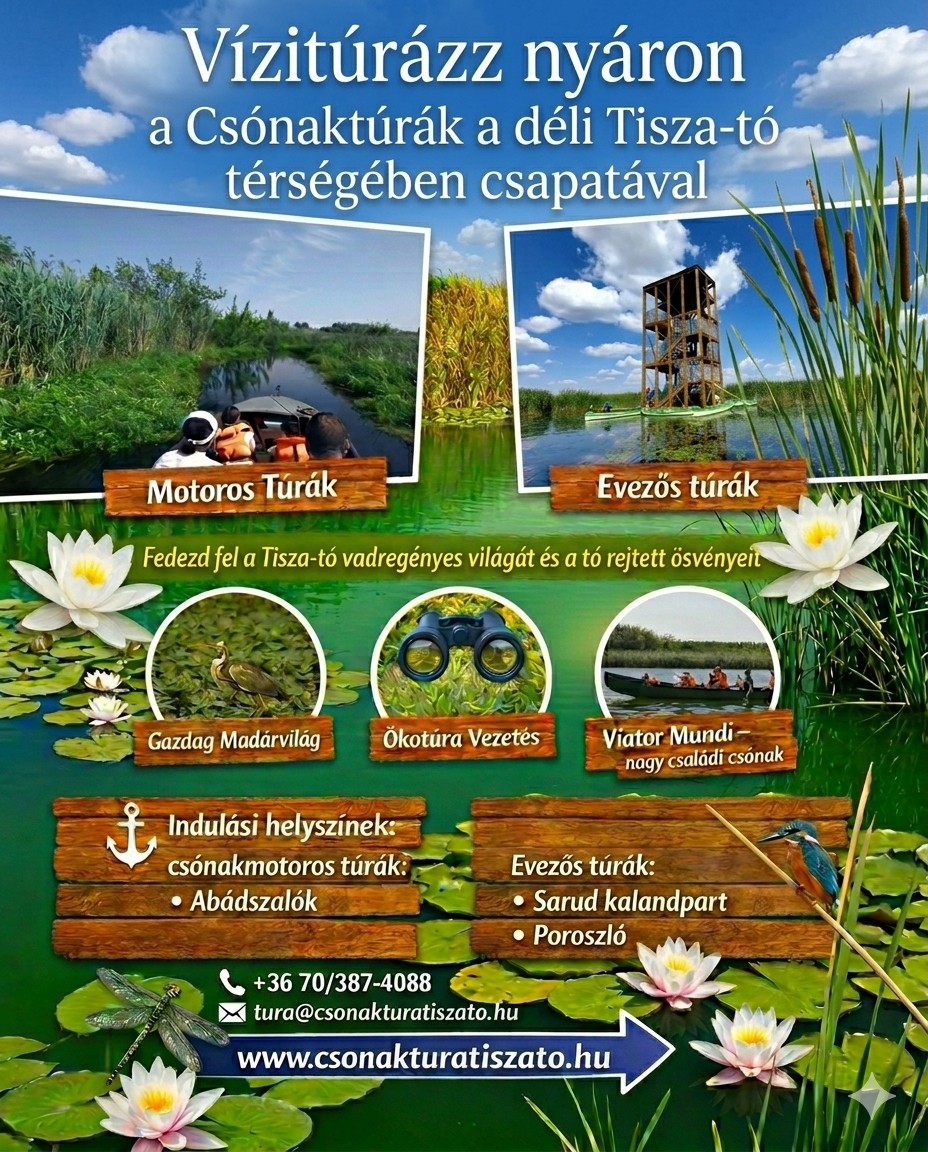 Csónaktúrák a déli Tisza-tó térségben Facebook ad: A Tisza‑tó nyáron a legszebb arcát mutatja, és…