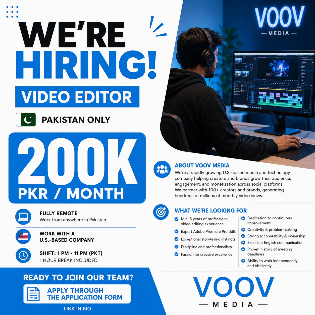Voov Media Facebook ad: Video Editor Needed - 200K PKR/Month
