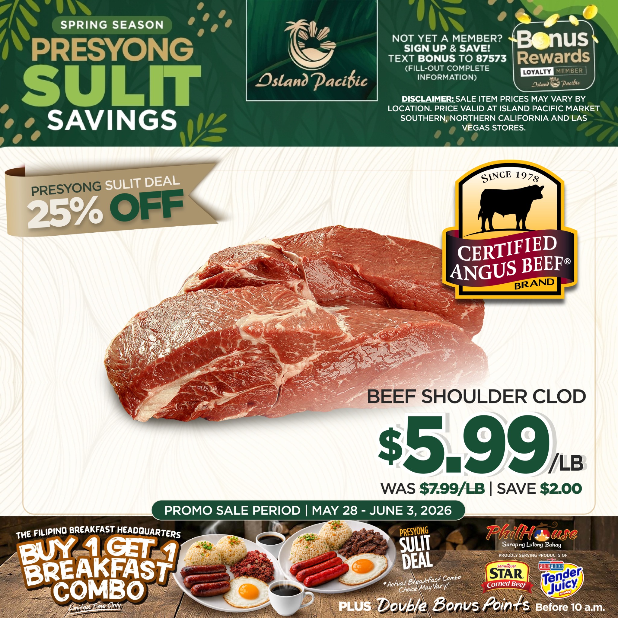 Island Pacific Vegas Facebook ad: Mga Kababayan, enjoy value-for-money deals on Meat, Seafood…