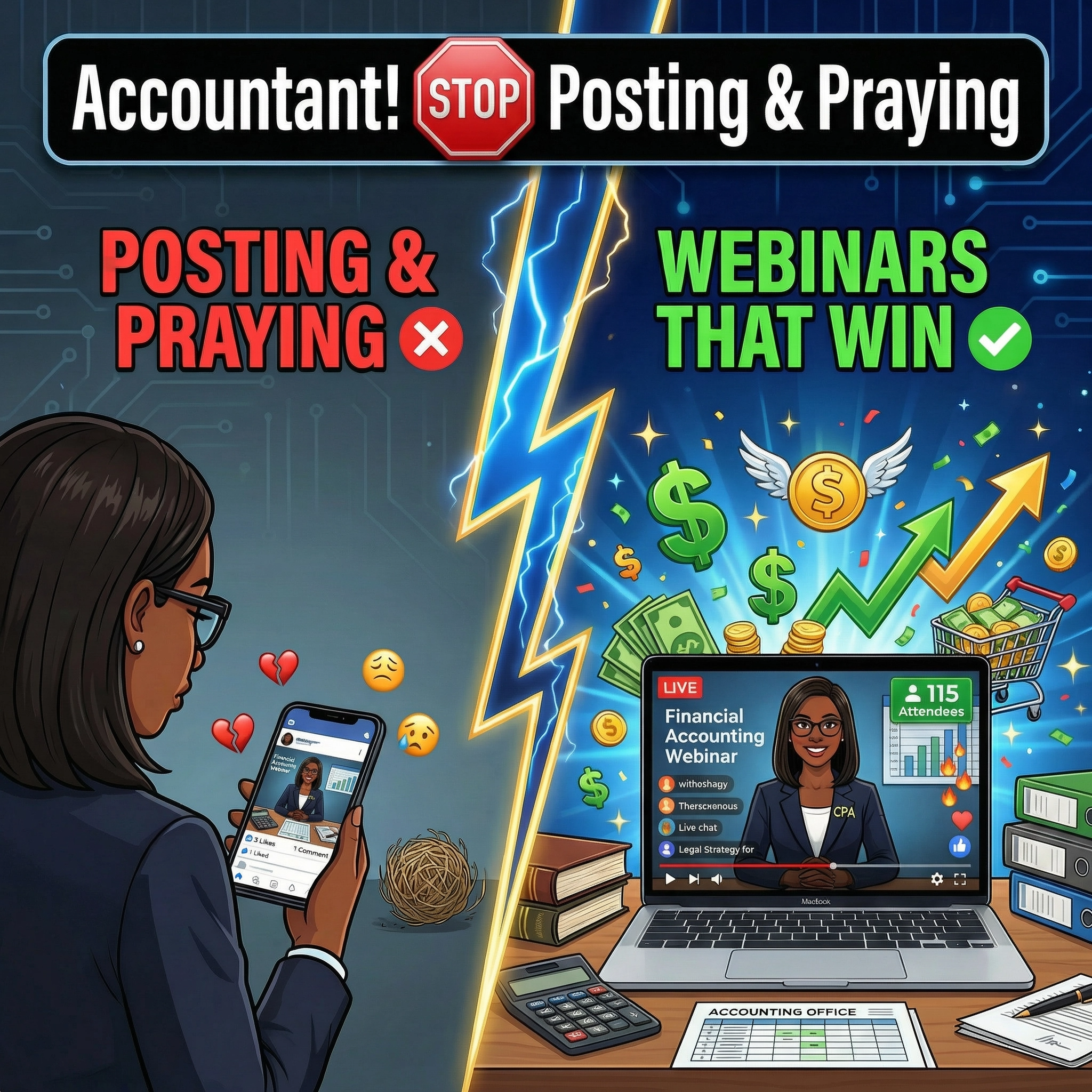 Jullien Gordon Facebook ad: Webinars For Accountants: STOP Posting & Praying For Clients