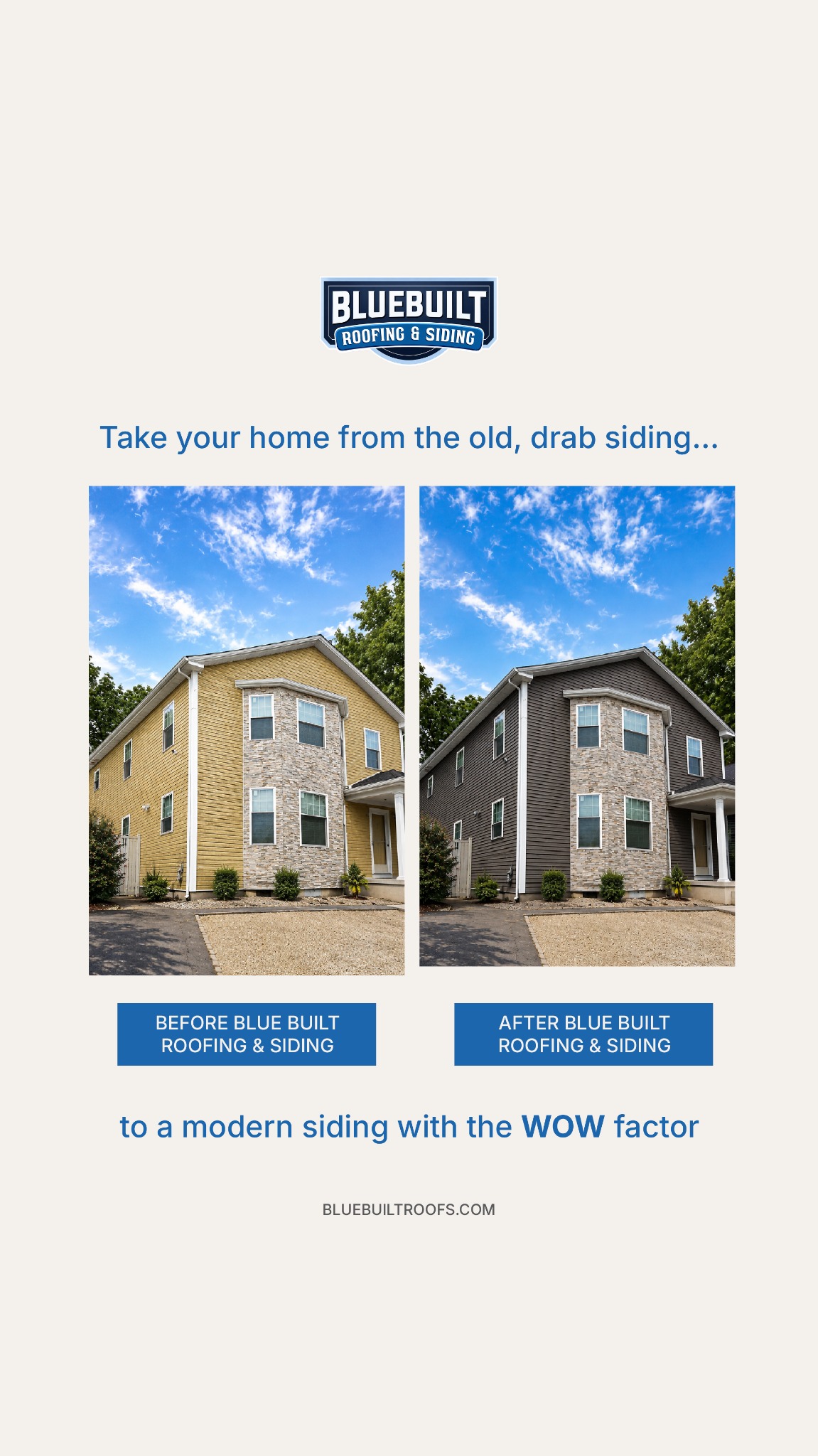 BlueBuilt Roofing & Siding Facebook ad from May 26, 2026