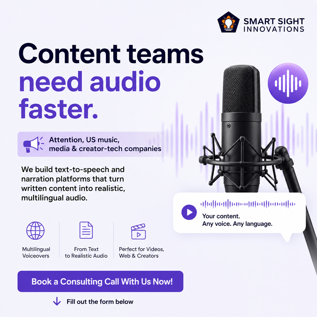 Smart Sight Innovations Facebook ad: Create Audio Faster