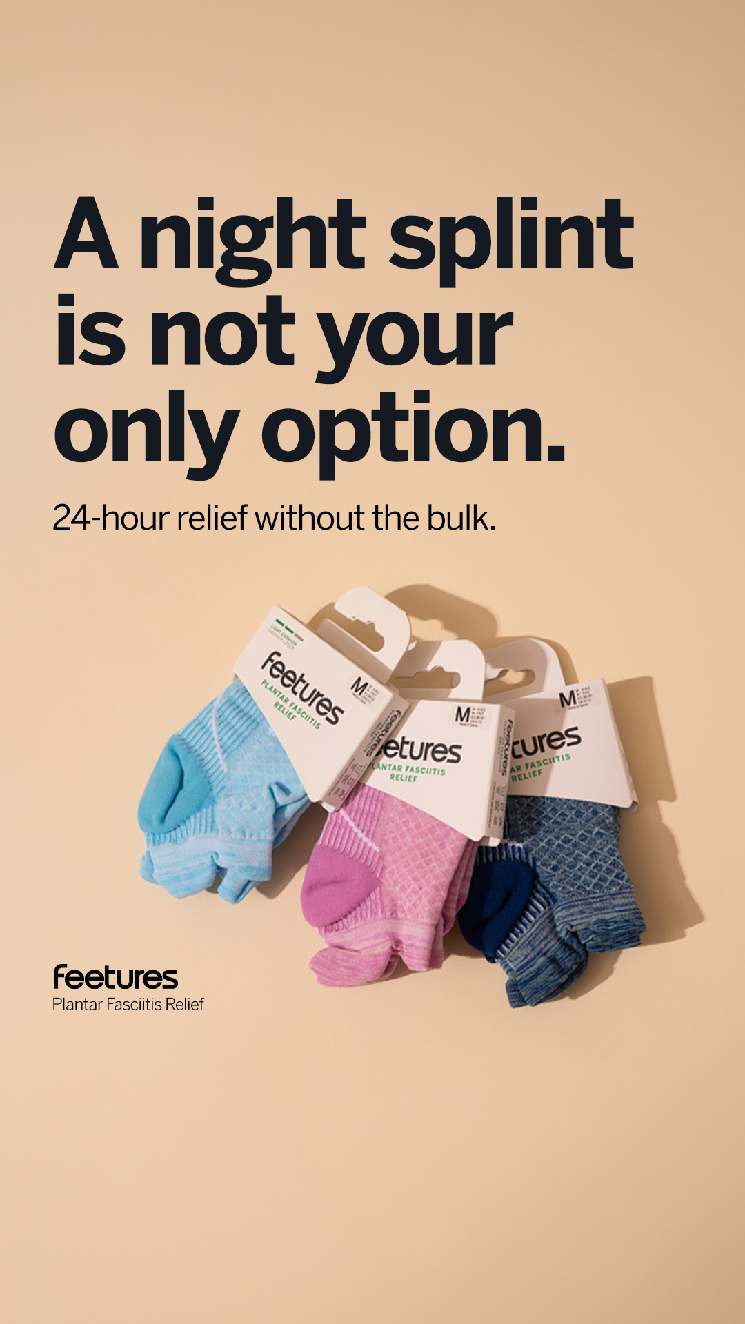 Feetures Facebook ad: Get Plantar Fasciitis Relief. Now.