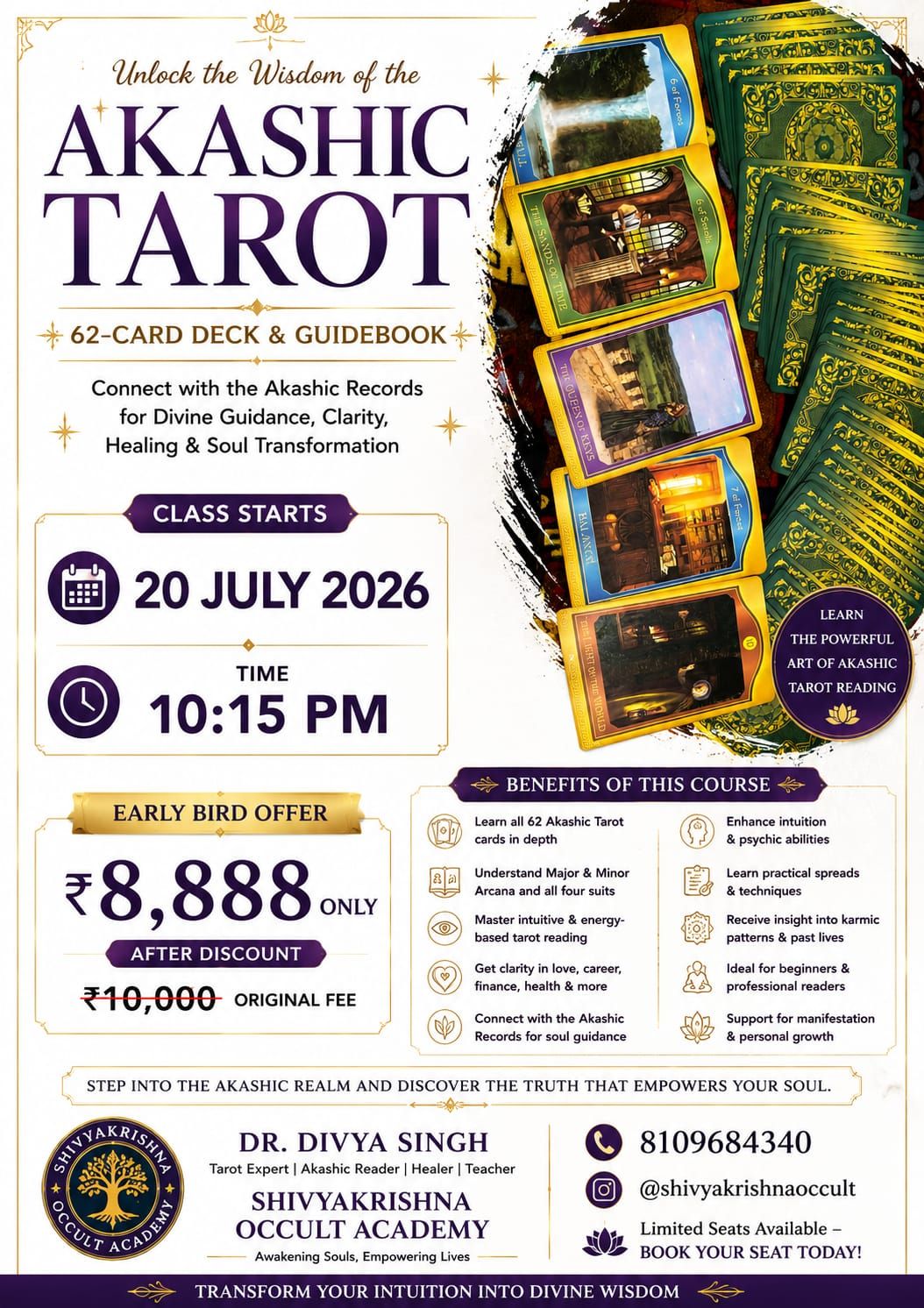 Divya Tarot Reader & Healer Facebook ad: ADMISSIONS OPEN, AKASHIC TAROT MASTER COURSE!