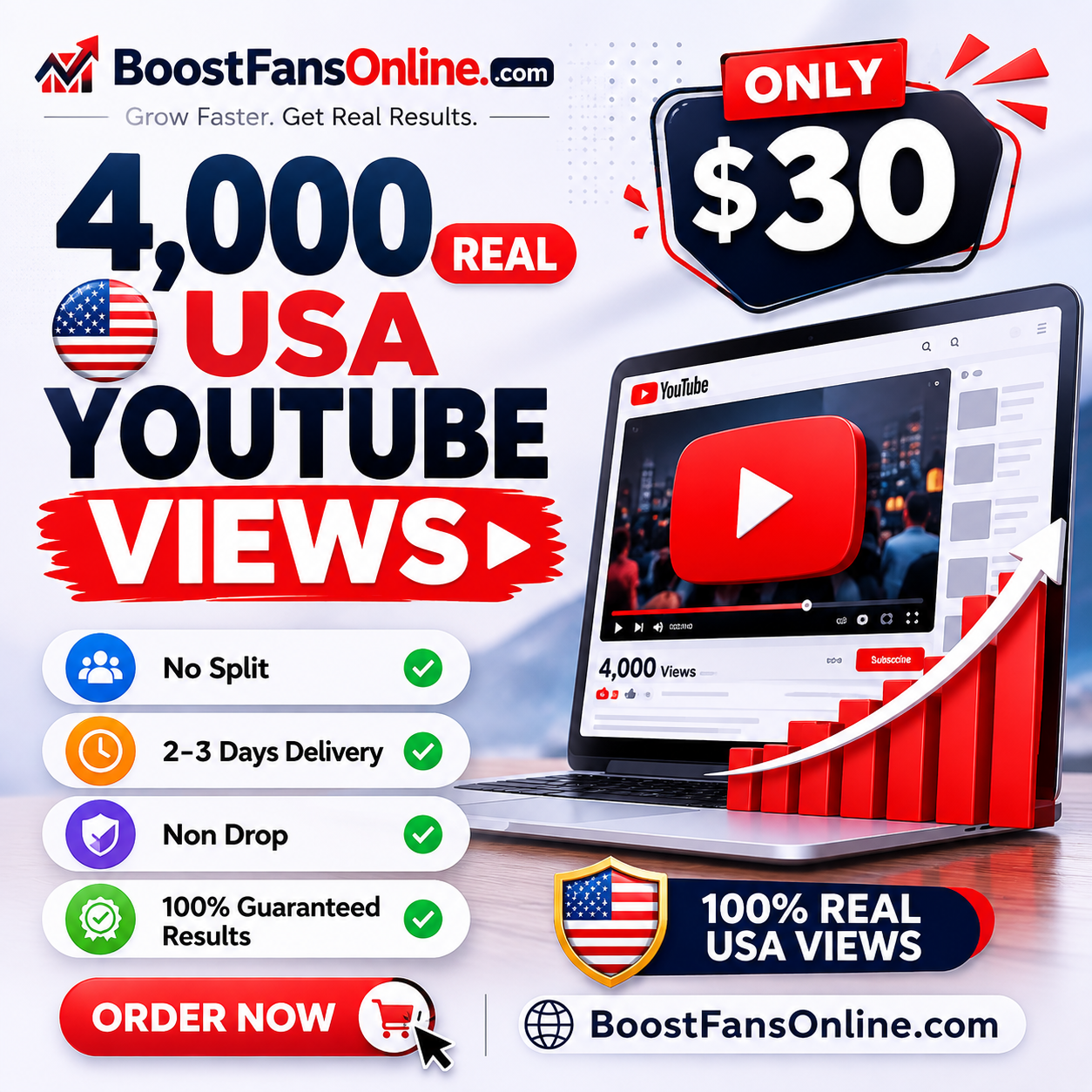 Boost Fans online Facebook ad: 4,000 Real USA YouTube Views, Only $30!