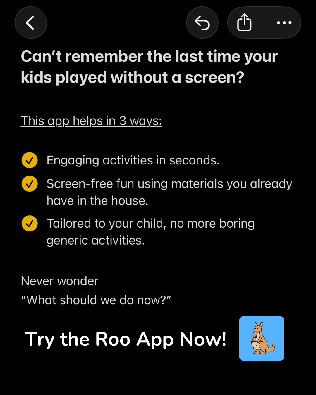 Roo - Kids Activities Facebook ad: Never wonder what to do again