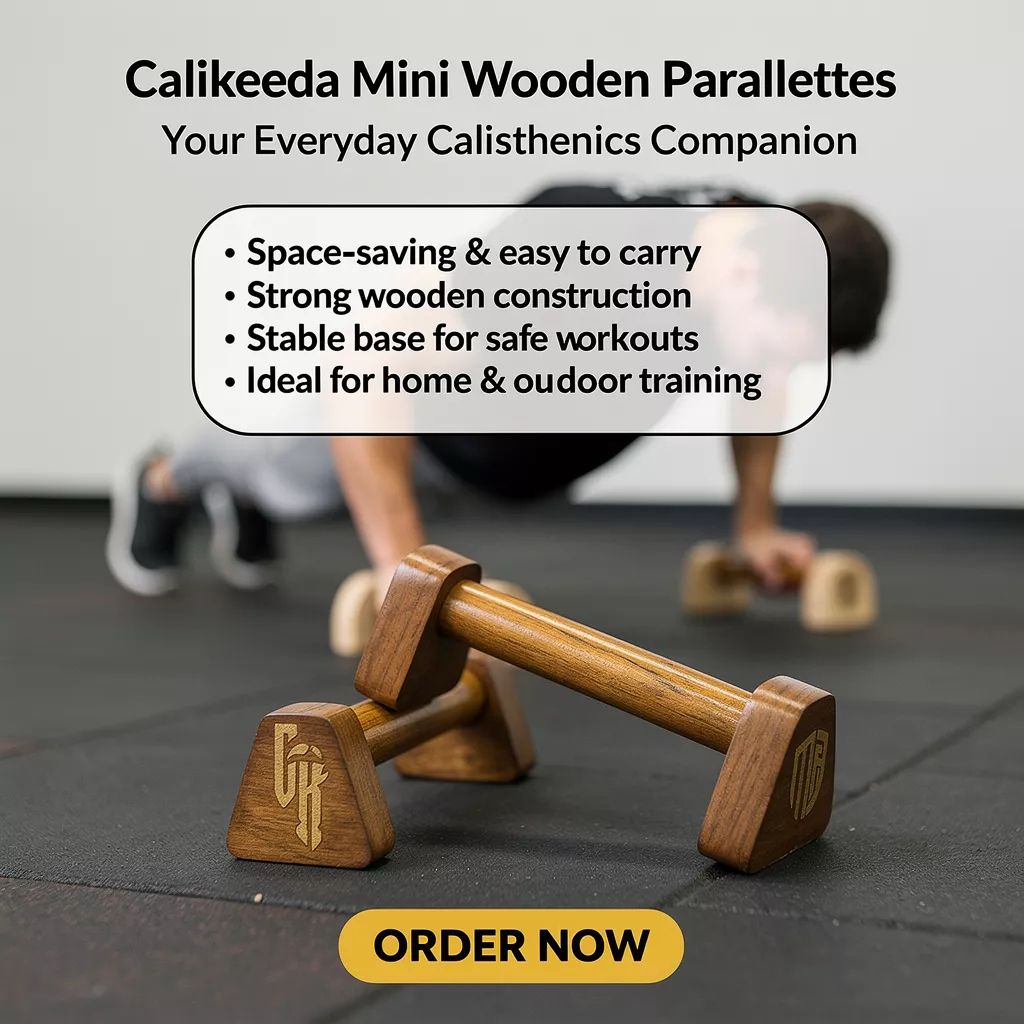 CaliKeeda Facebook ad: Compact Power: Wooden Parallettes for Every Workout