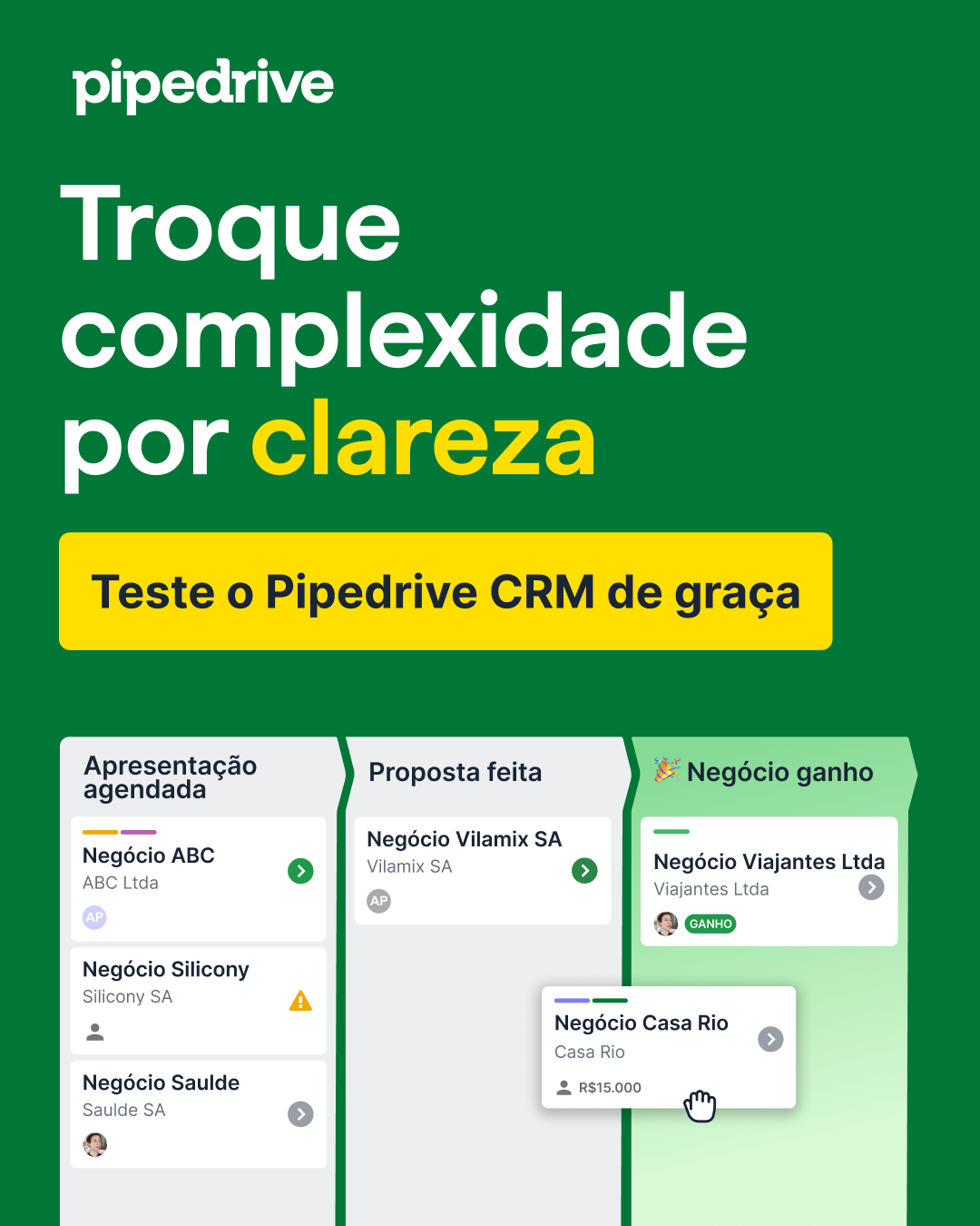 Pipedrive Facebook ad: Menos tarefas. Mais negócios.