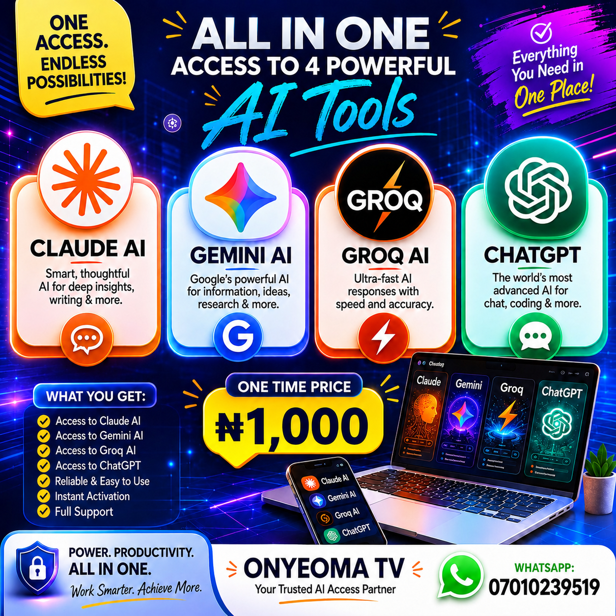 The Onyeoma TV Facebook ad: ALL IN ONE TOP AI ACCESS