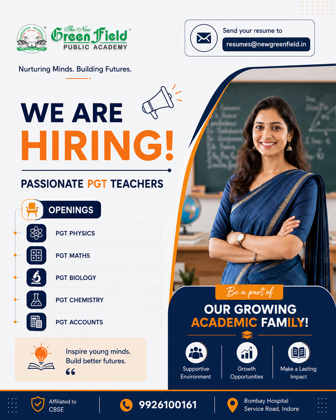 New Green Field Public Academy Facebook ad: WE ARE HIRING, Join a Premium CBSE School in Indore! Green…
