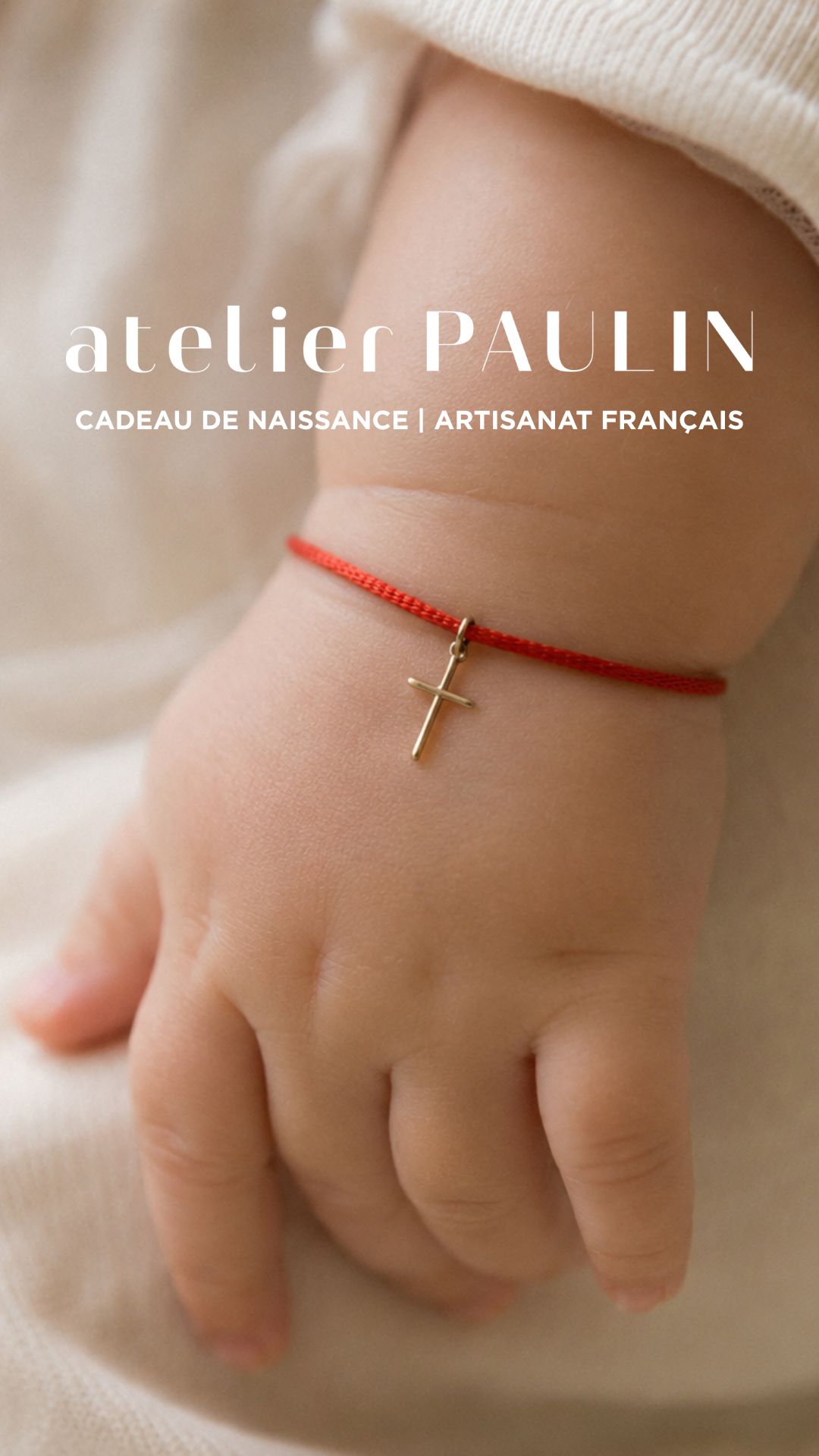 Atelier Paulin Facebook ad: Le prénom de votre bébé, façonné en fil d’or.