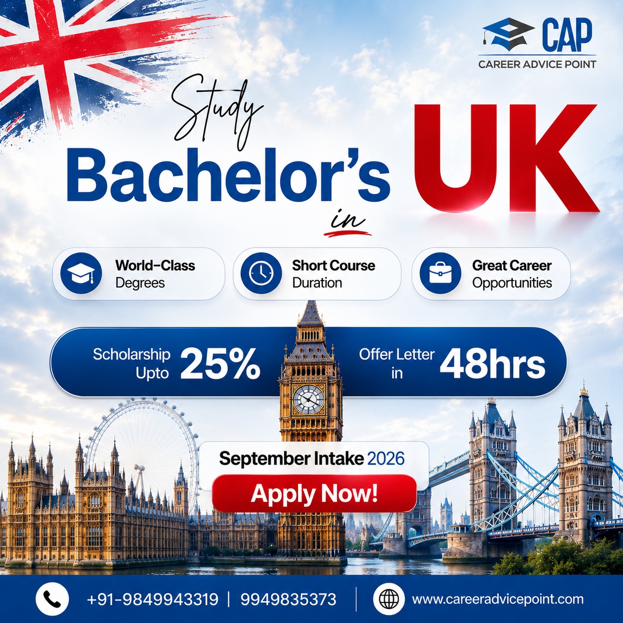 CAP Global Education Facebook ad: Study Bachelor's in UK | Apply Now
