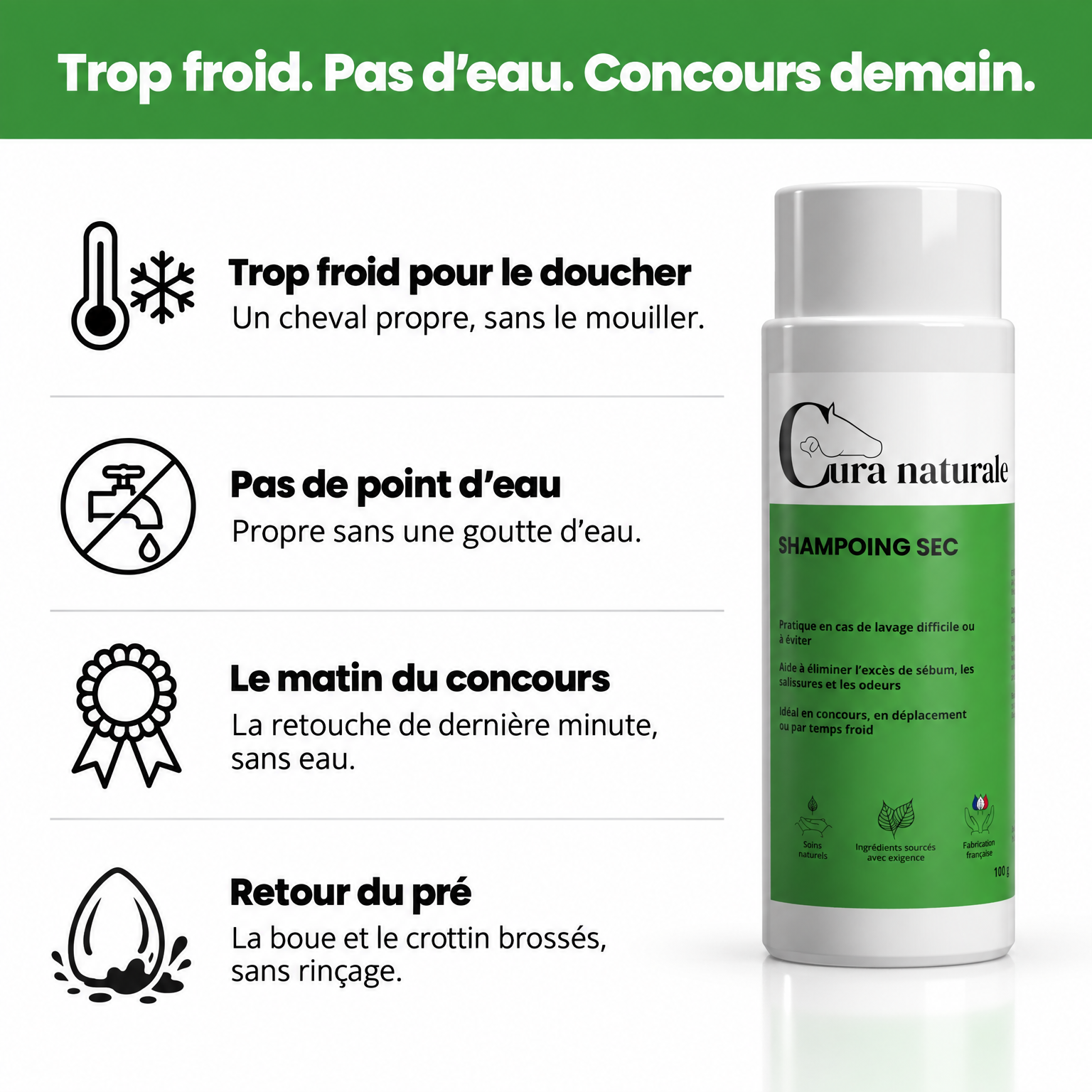 Cura naturale Facebook ad: Shampoing sec pour cheval · Fabrication française