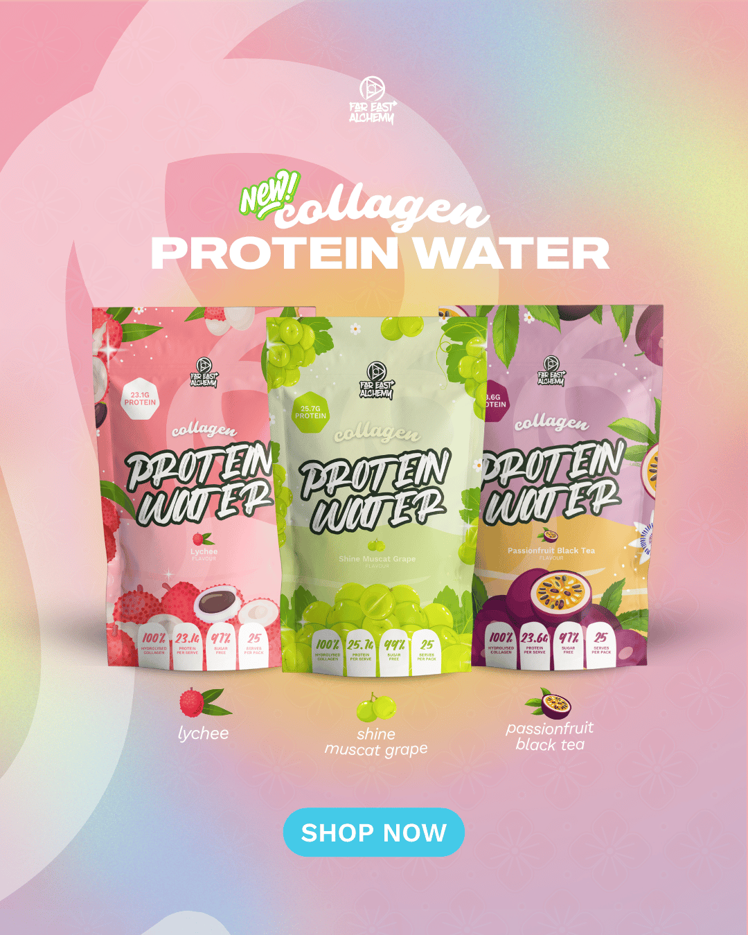 Far East Alchemy Facebook ad: Our collagen protein waters are light, refreshing and…