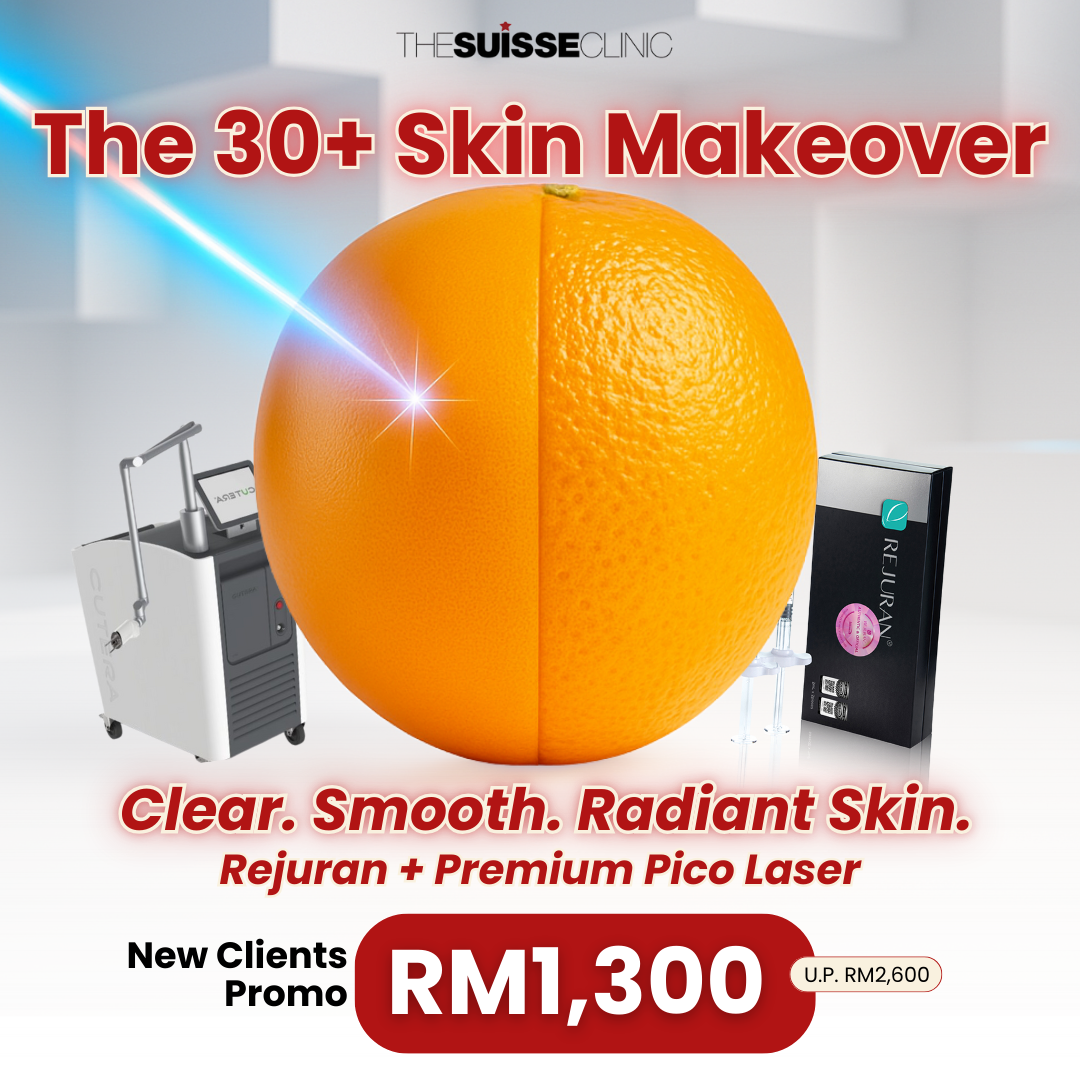 The Suisse Clinic Facebook ad: Tired of dull, tired-looking skin? The 30+ Skin Makeover…