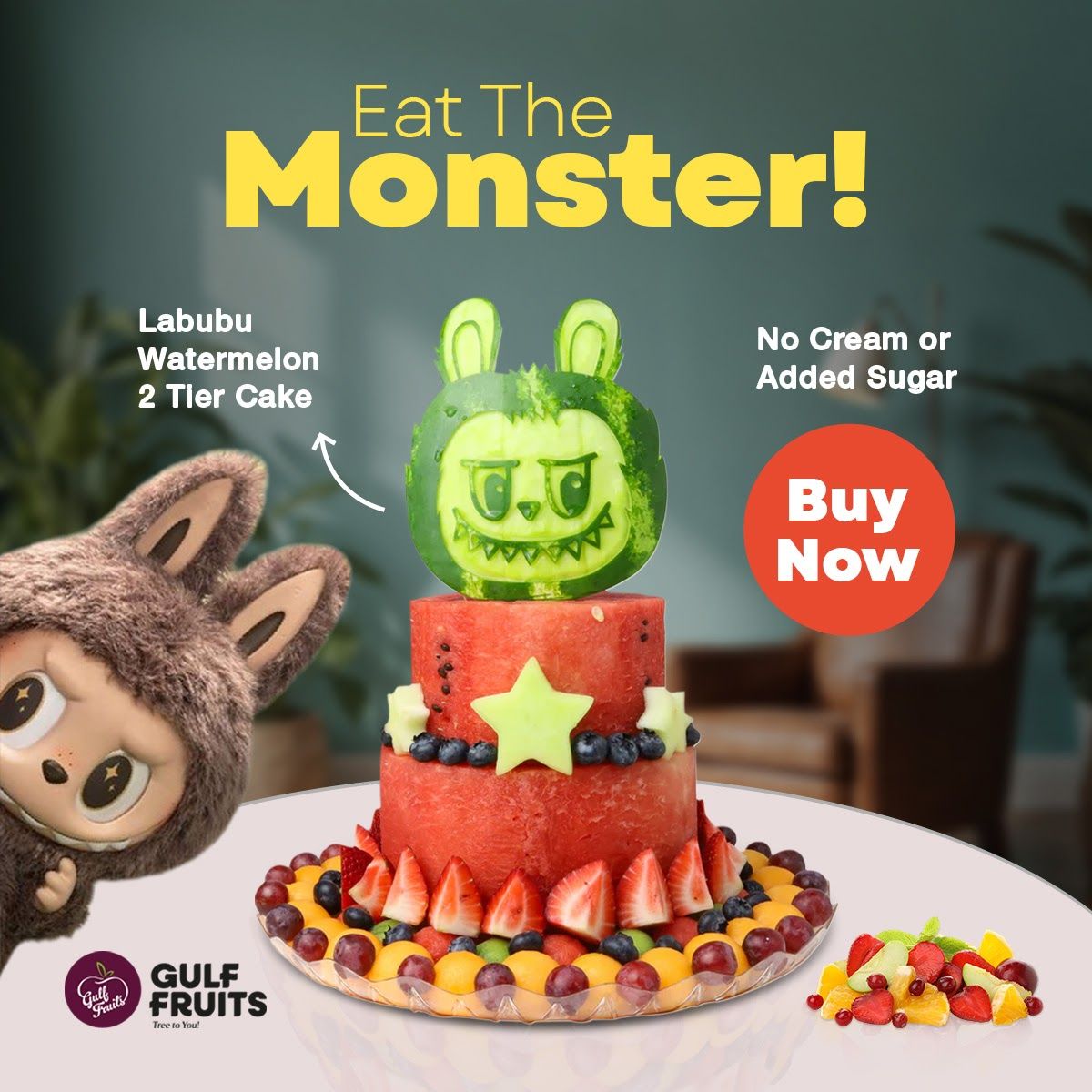 Gulf Fruits Facebook ad: 100% real fruit Starts at AED 180 Delivered same day