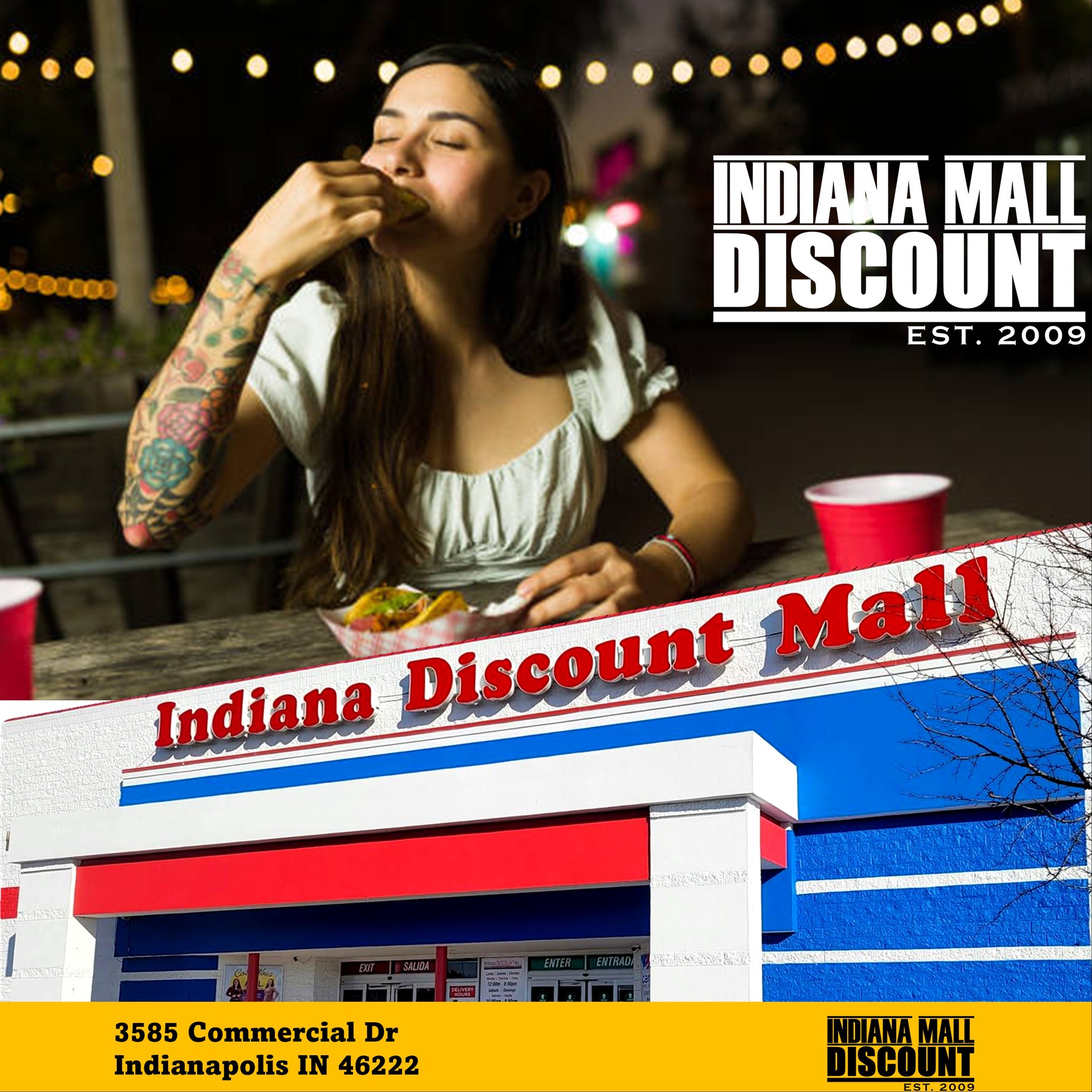 Indiana Discount Mall Facebook ad: Indiana Discount Mall = 100+ independent, locally owned…