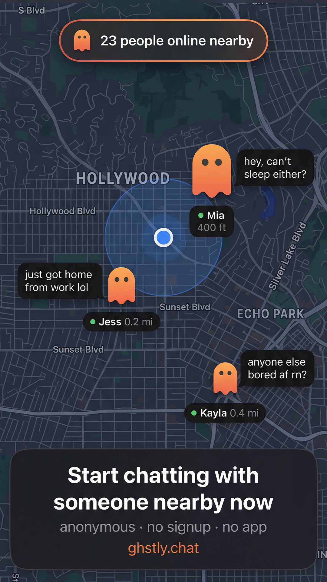 Ghstly Facebook ad: Start chatting with someone nearby now.