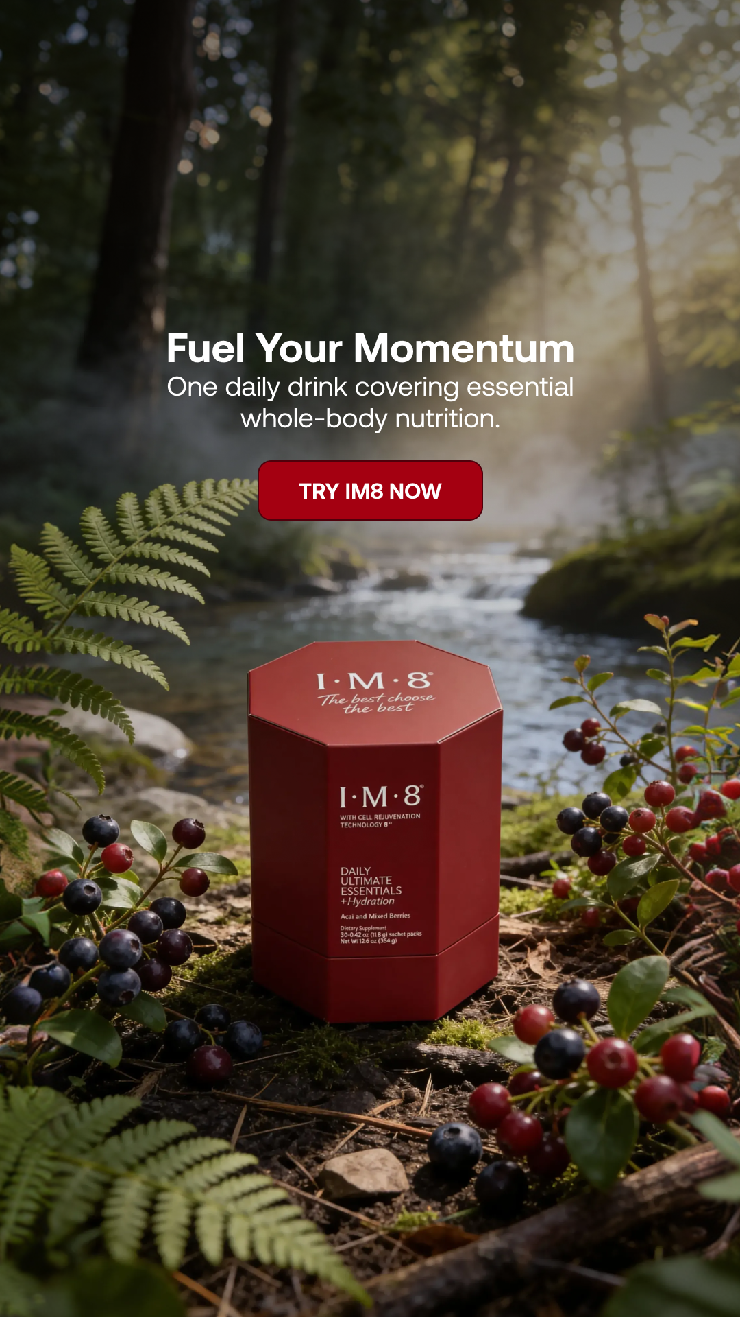 IM8 Facebook ad: One Scoop. 16 Supplements. Zero Guesswork.