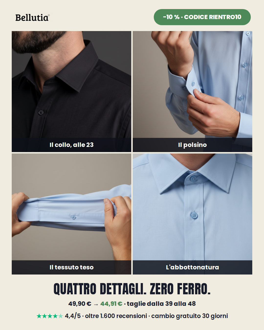 Bellutia Italia Facebook ad: Quattro dettagli. Zero ferro.