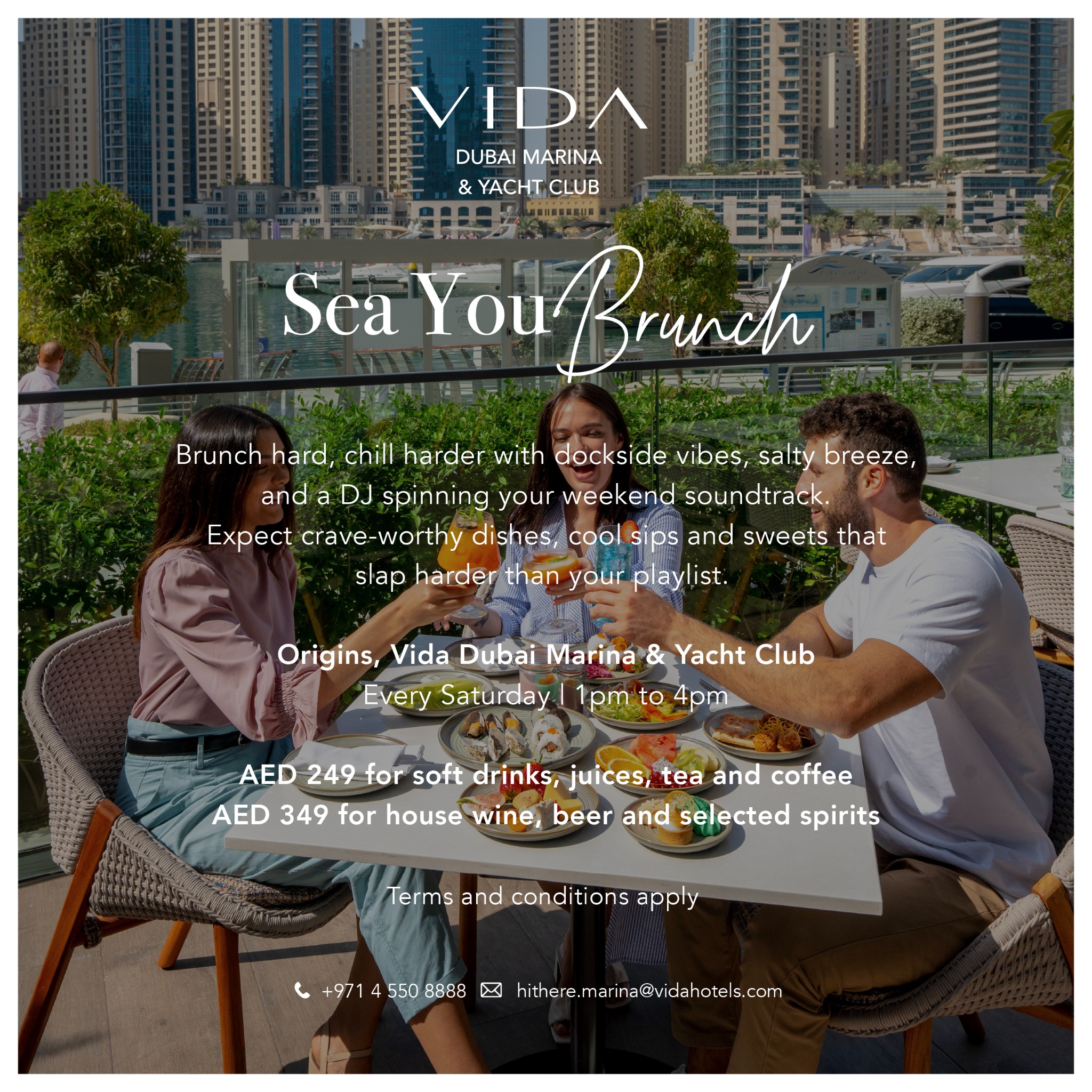 Vida Dubai Marina & Yacht Club Facebook ad: Marina breeze, dockside beats & plates that slap…