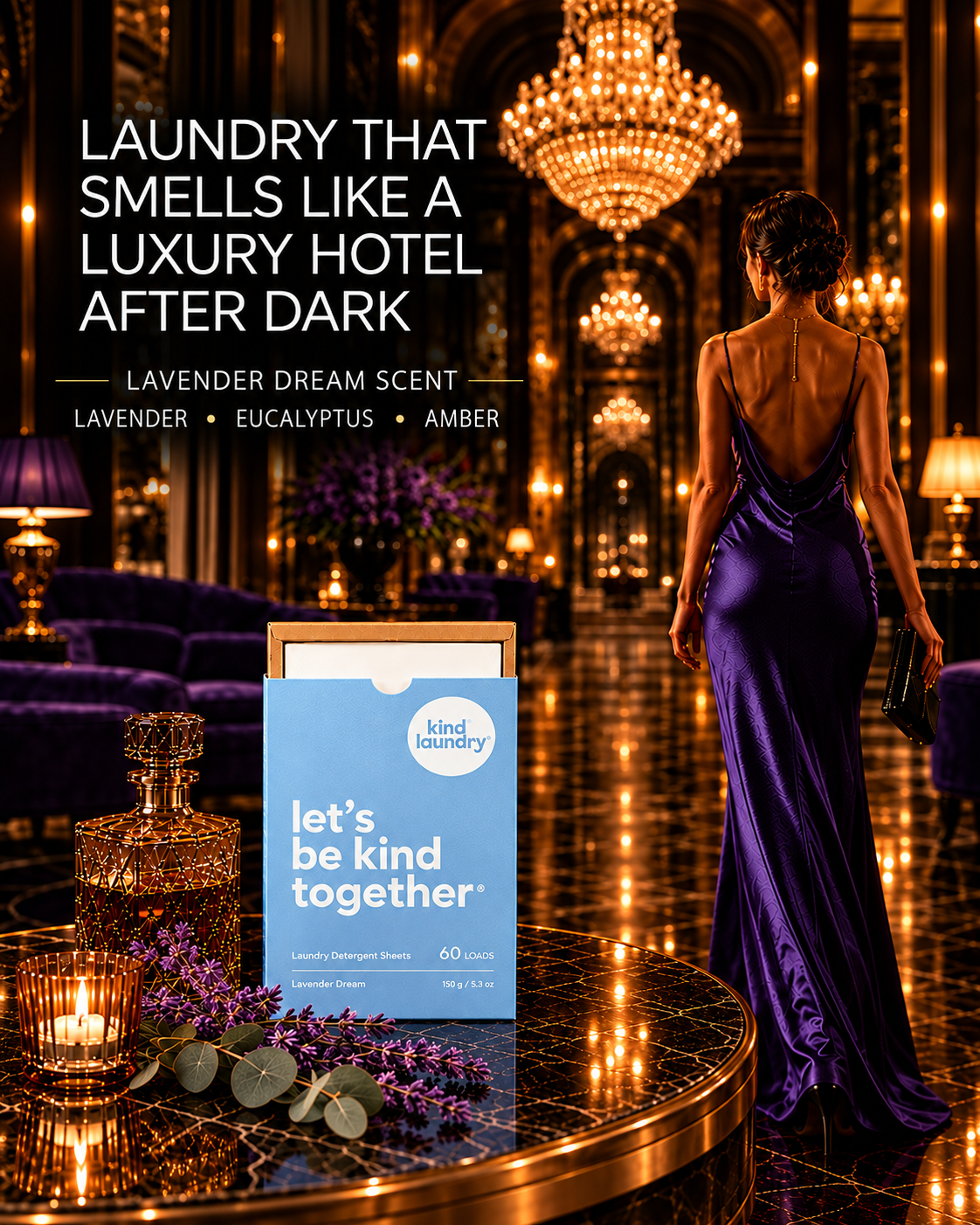 Kind Laundry Facebook ad: Lavender. Eucalyptus. Amber. The Hotel Room Scent.