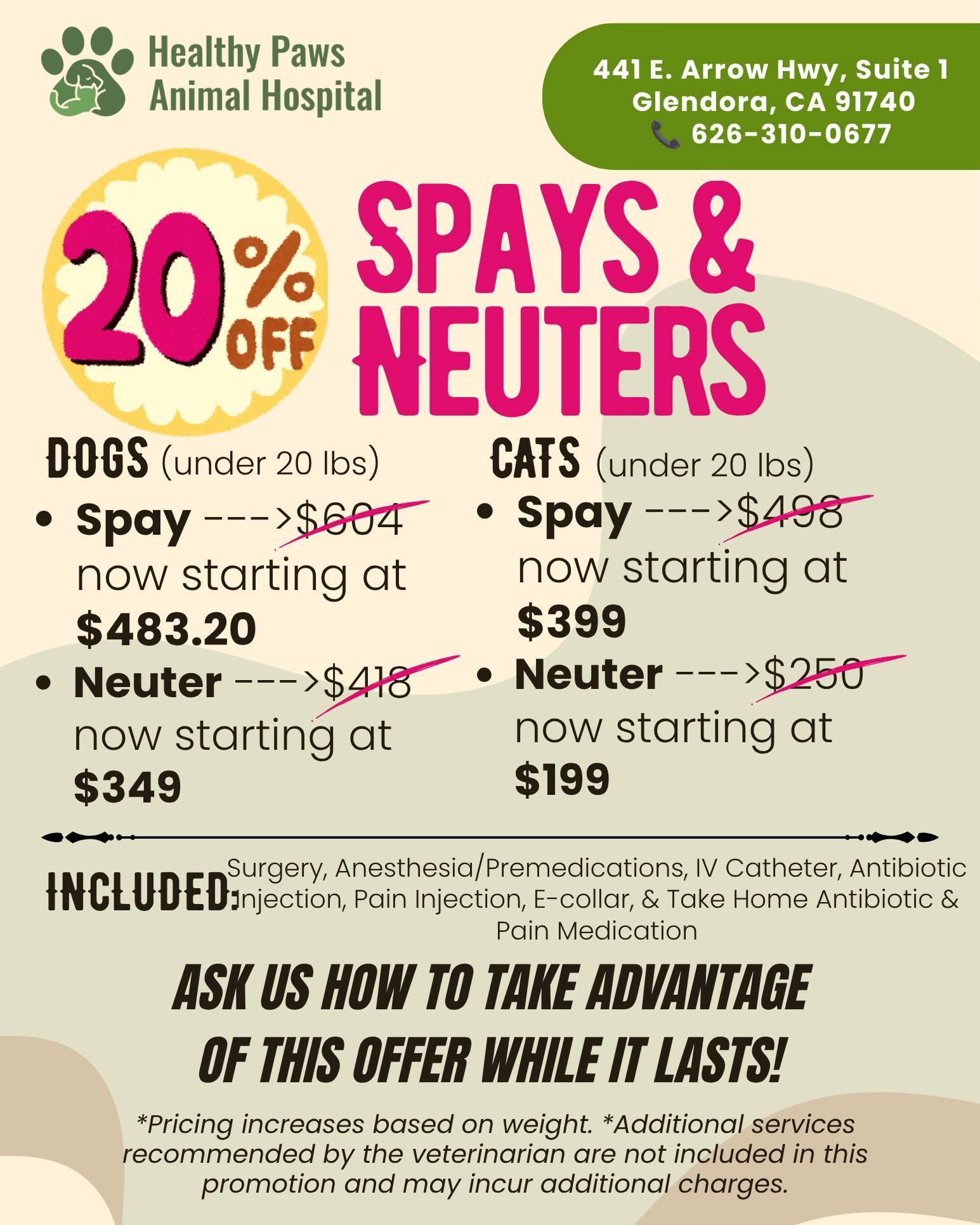 Healthy Paws Animal Hospital Facebook ad: 20% OFF Spays & Neuters!
