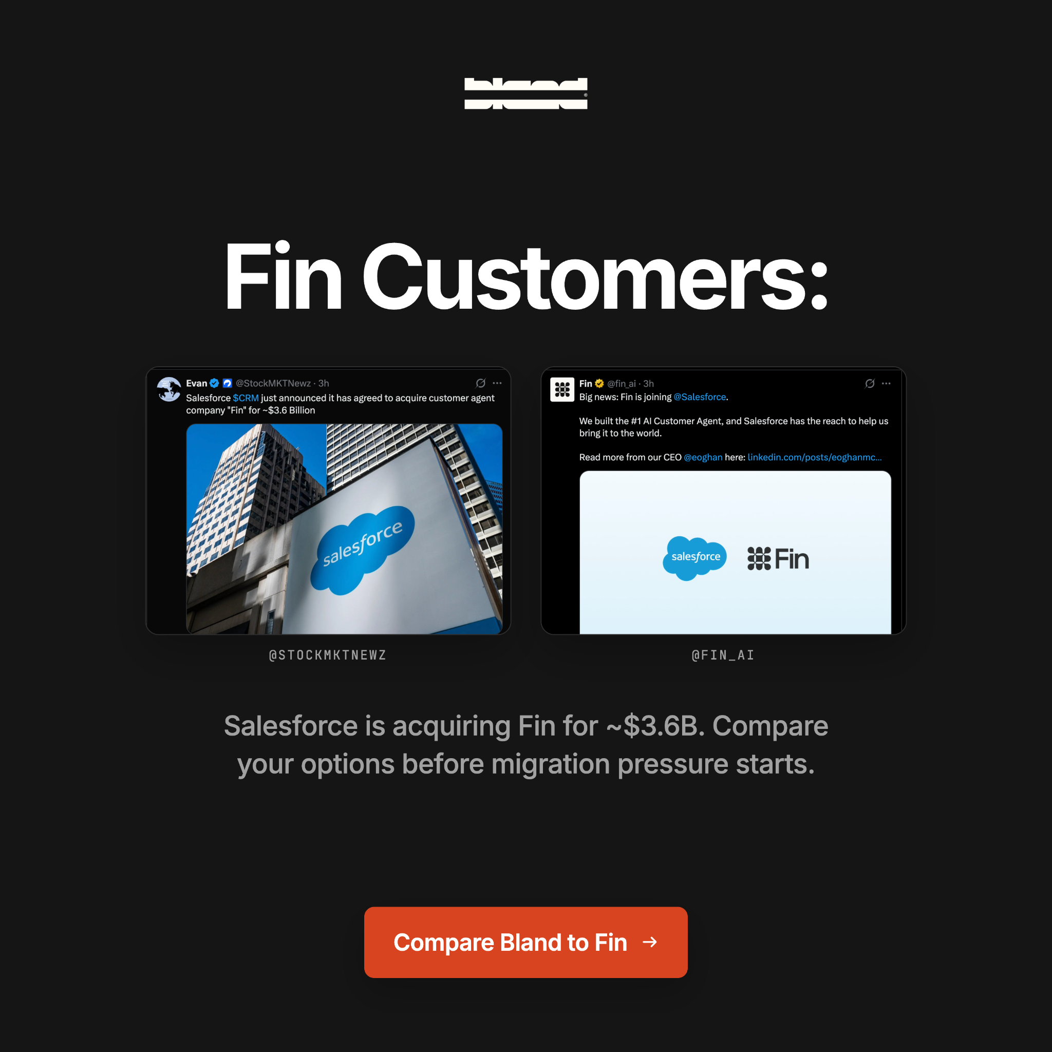 Bland AI Facebook ad: Fin is getting acquired. Is now the time to switch?