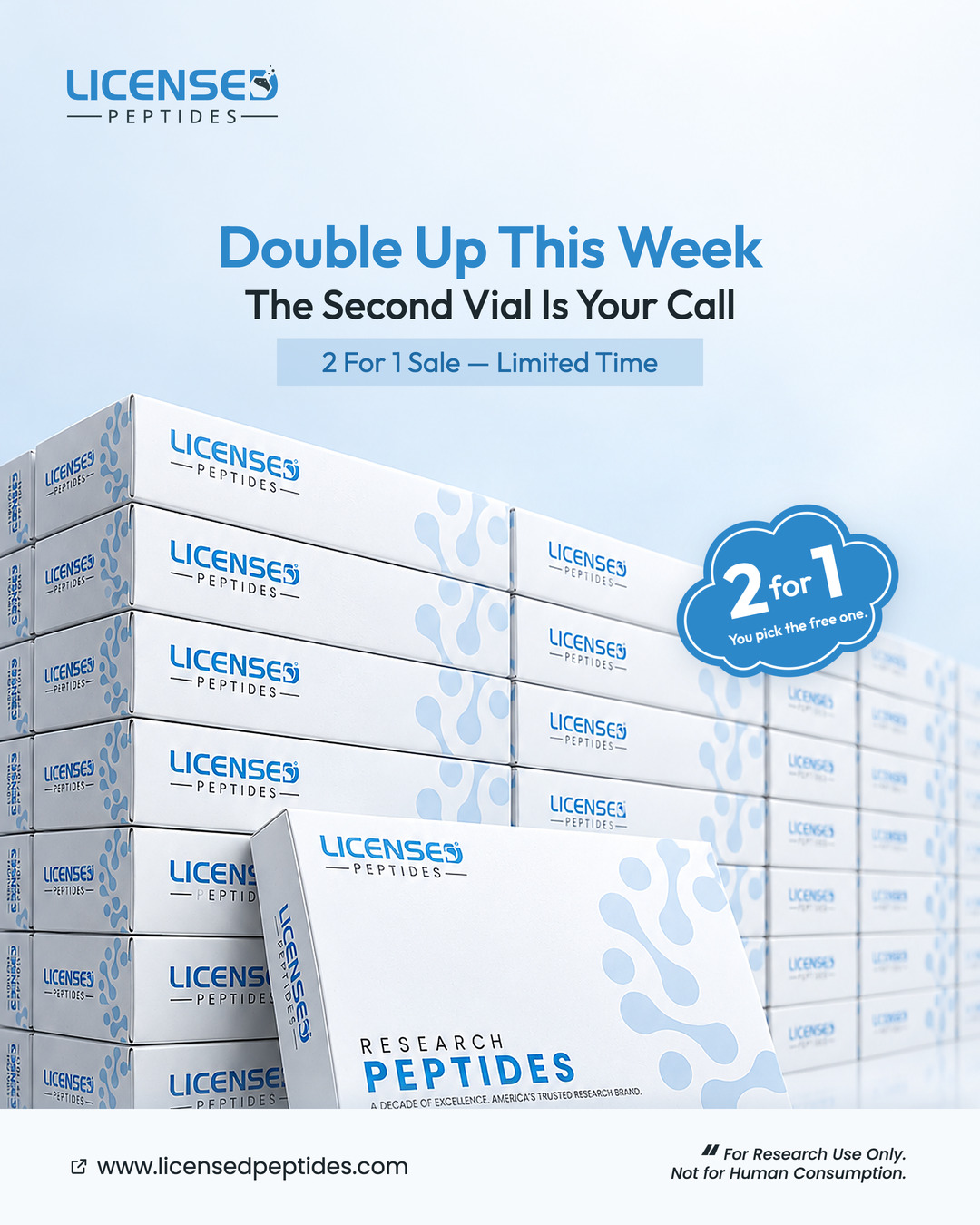 LicensedPeptides.com Facebook ad: 2 FOR 1, PICK ANY VIAL FREE