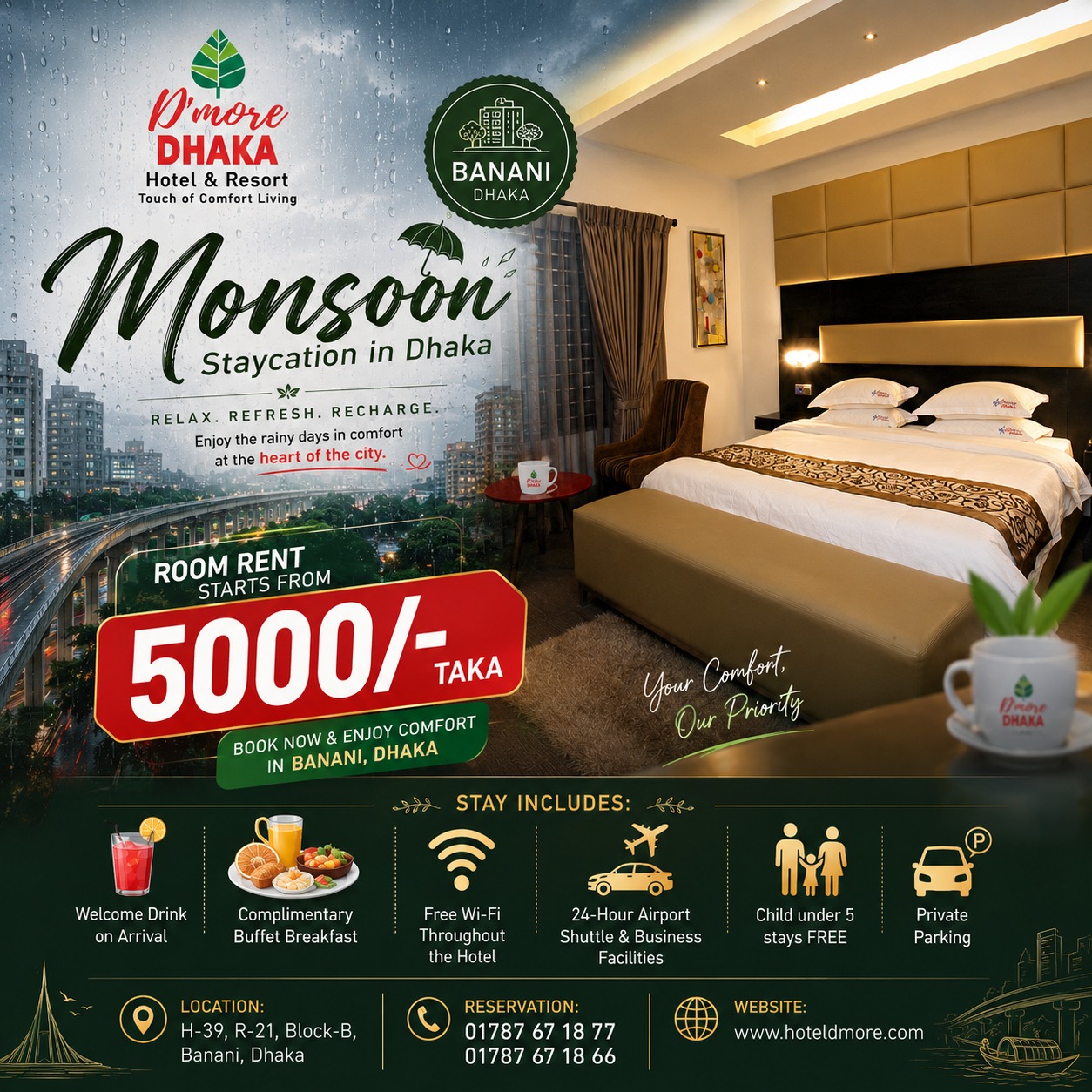 D'more Dhaka Hotel & Resort Facebook ad: STARTING FROM JUST BDT 5,000/= Monsoon Stay in…