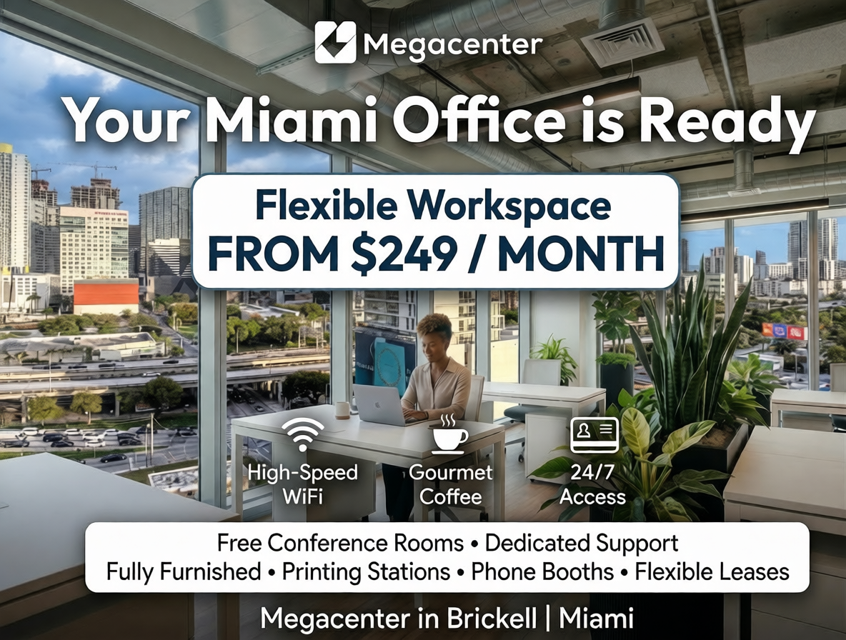 MegaCenter US Facebook ad: A Professional Desk in Brickell, Miami for $249/Month…